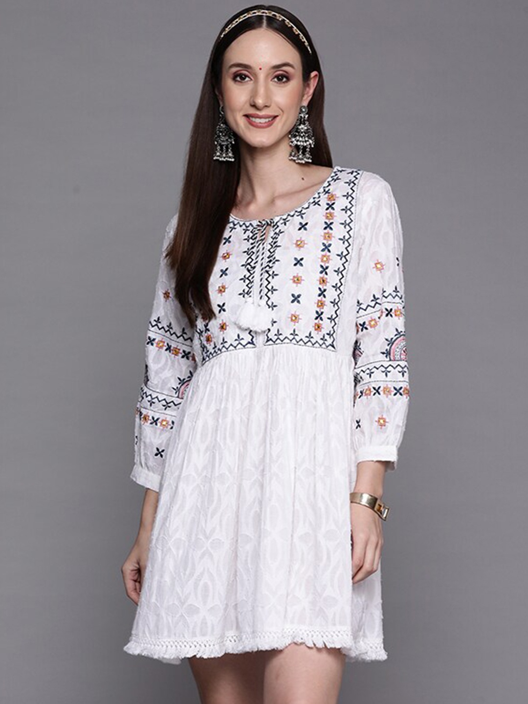 

Indo Era Ethnic Motif Embroidered Fringed Cotton A-Line Ethnic Dress, White