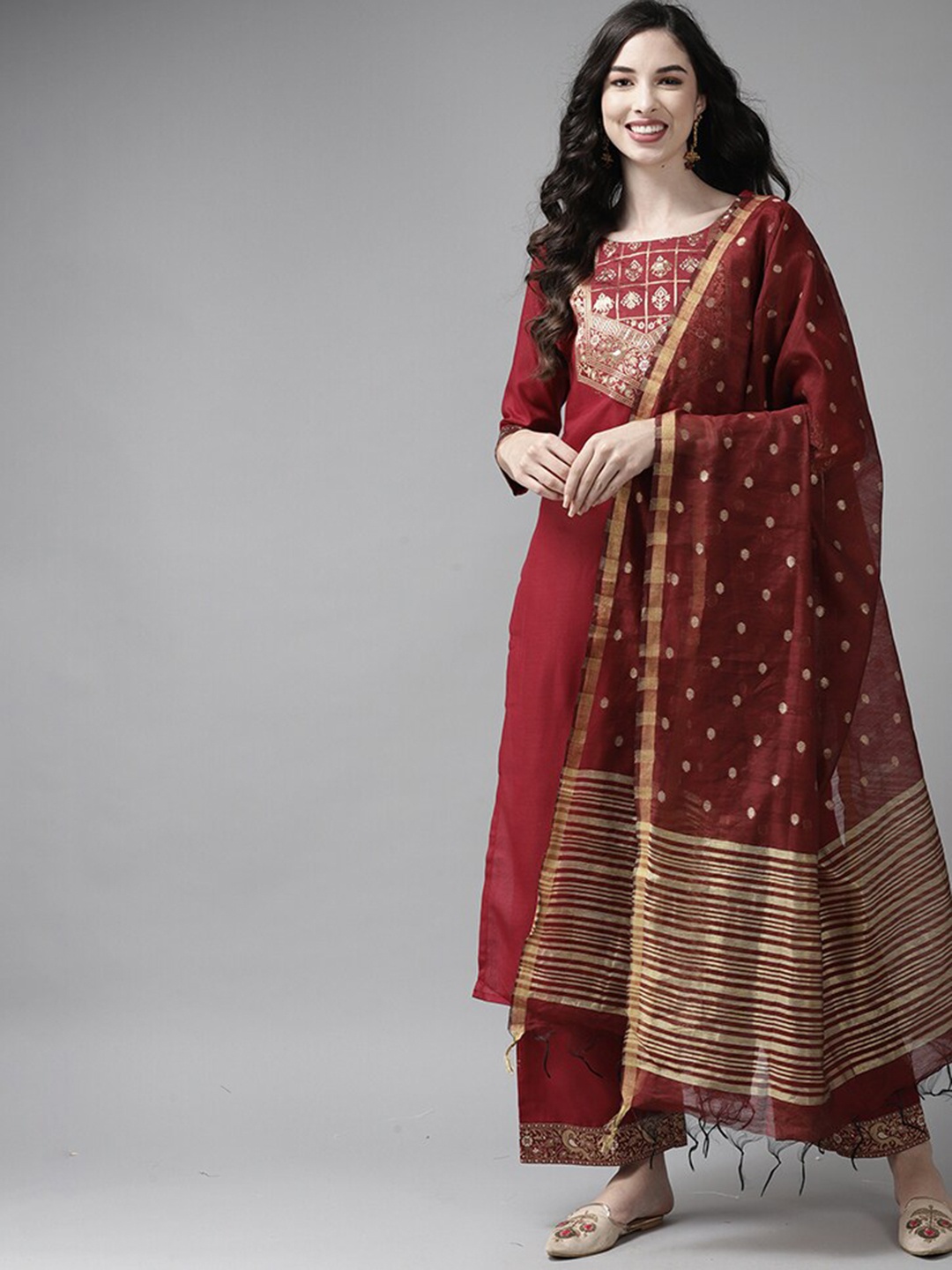 

Indo Era Maroon & Gold-Toned Ethnic Motifs Yoke Design Kurta with Palazzos & Dupatta