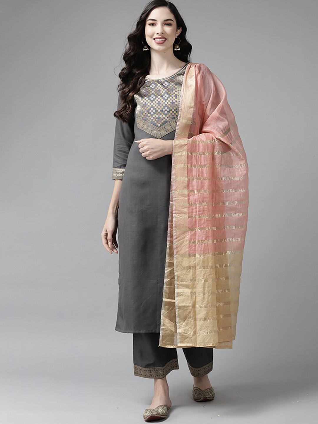 

Indo Era Grey & Peach-Coloured Ethnic Motifs Yoke Design Kurta with Palazzos & Dupatta