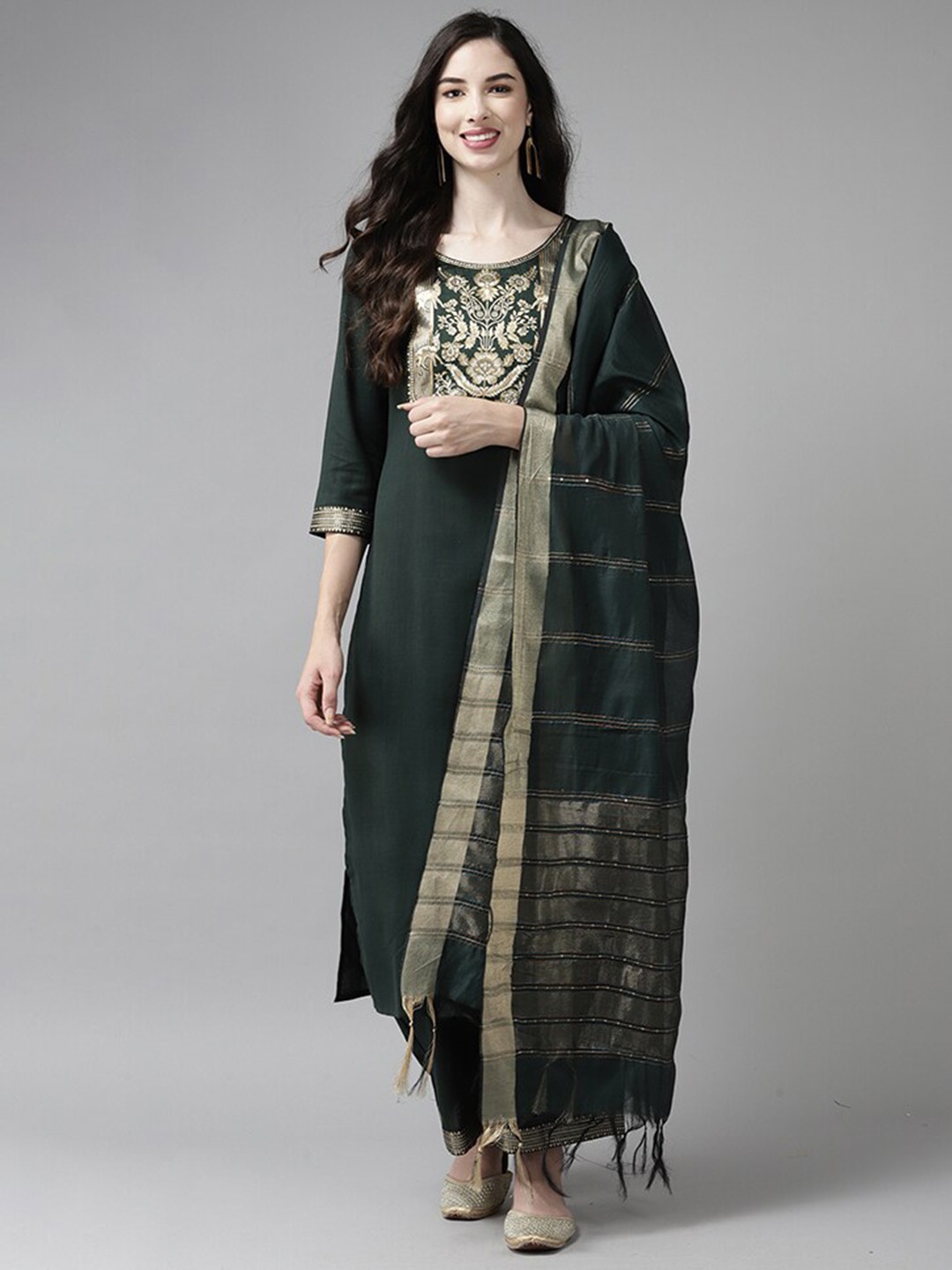 

Indo Era Green Ethnic Motifs Foil Printed Kurta with Palazzos & Dupatta