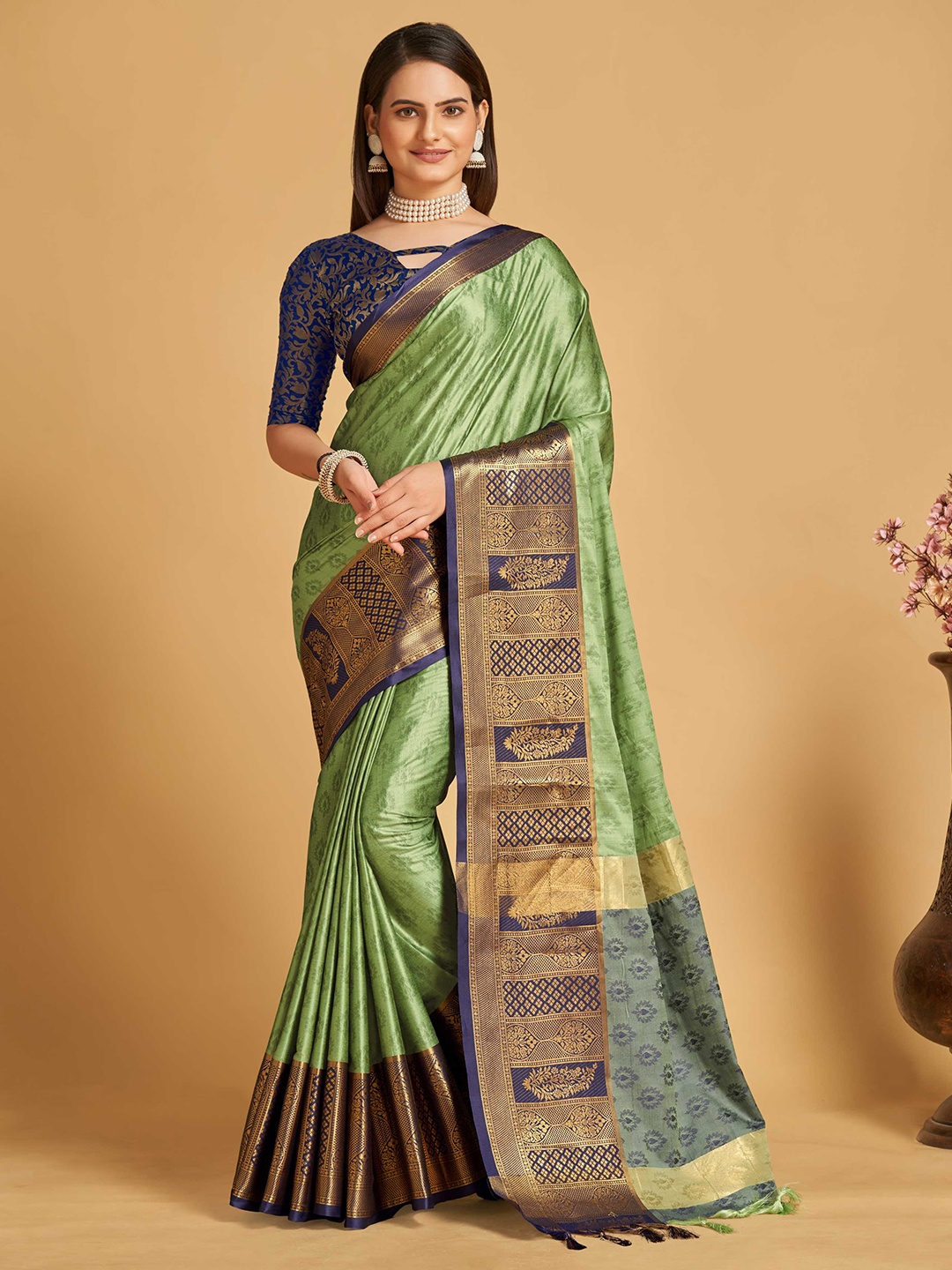 

Mitera Green & Navy Blue Ethnic Motifs Woven Design Zari Silk Cotton Banarasi Saree