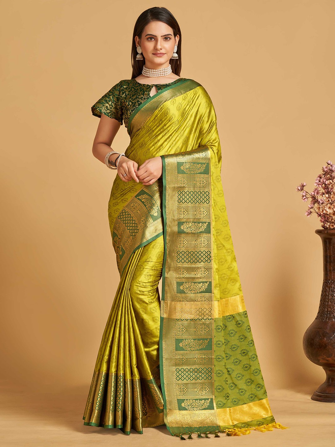 

Mitera Olive Green & Gold-Toned Ethnic Motifs Woven Design Zari Silk Cotton Banarasi Saree