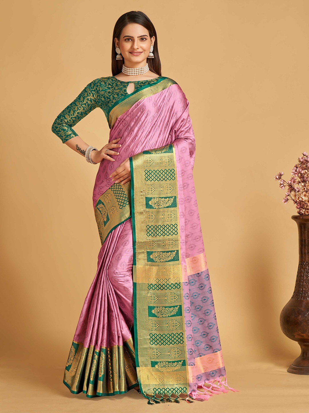 

Mitera Pink & Green Ethnic Motifs Woven Design Zari Silk Cotton Banarasi Saree