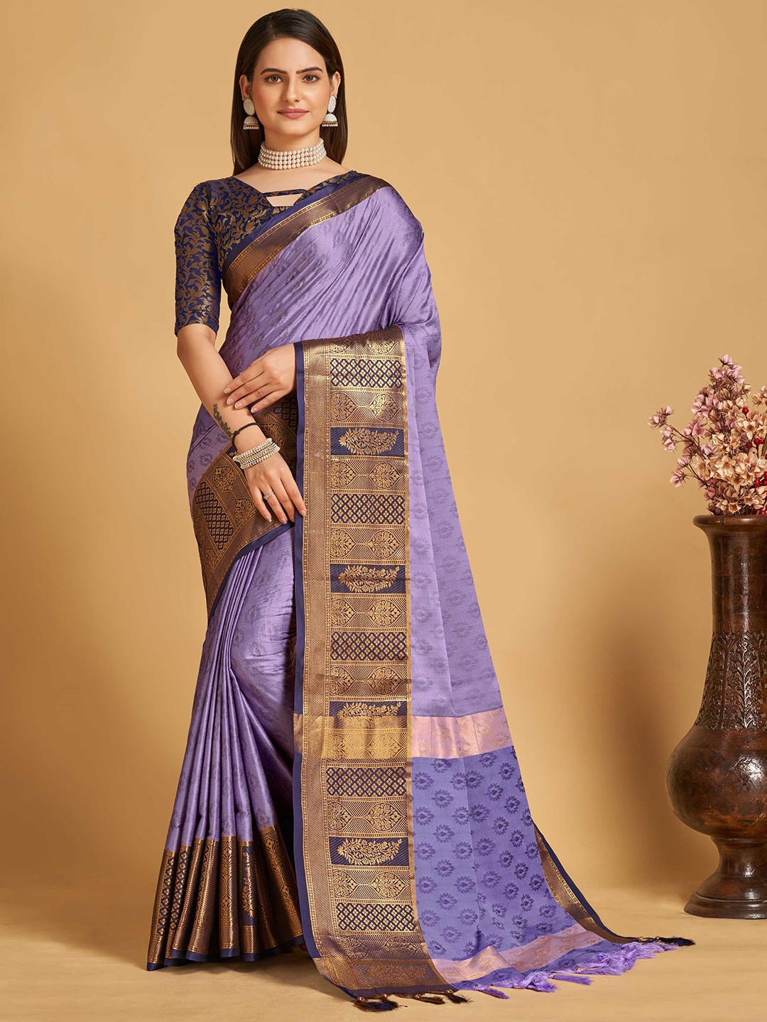 

Mitera Purple & Blue Ethnic Motifs Woven Design Zari Silk Cotton Banarasi Saree
