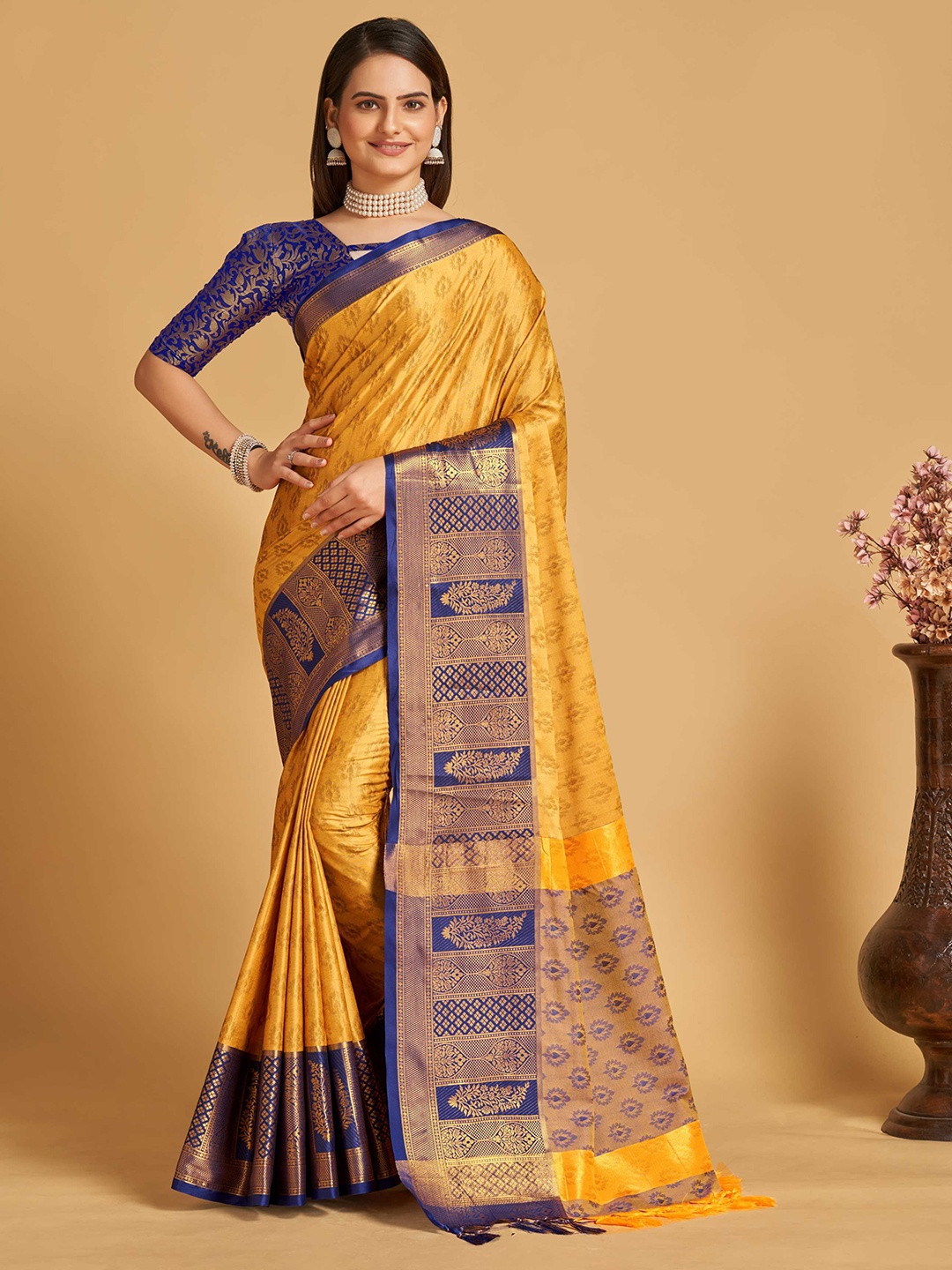 

Mitera Yellow & Blue Ethnic Motifs Woven Design Zari Silk Cotton Banarasi Saree