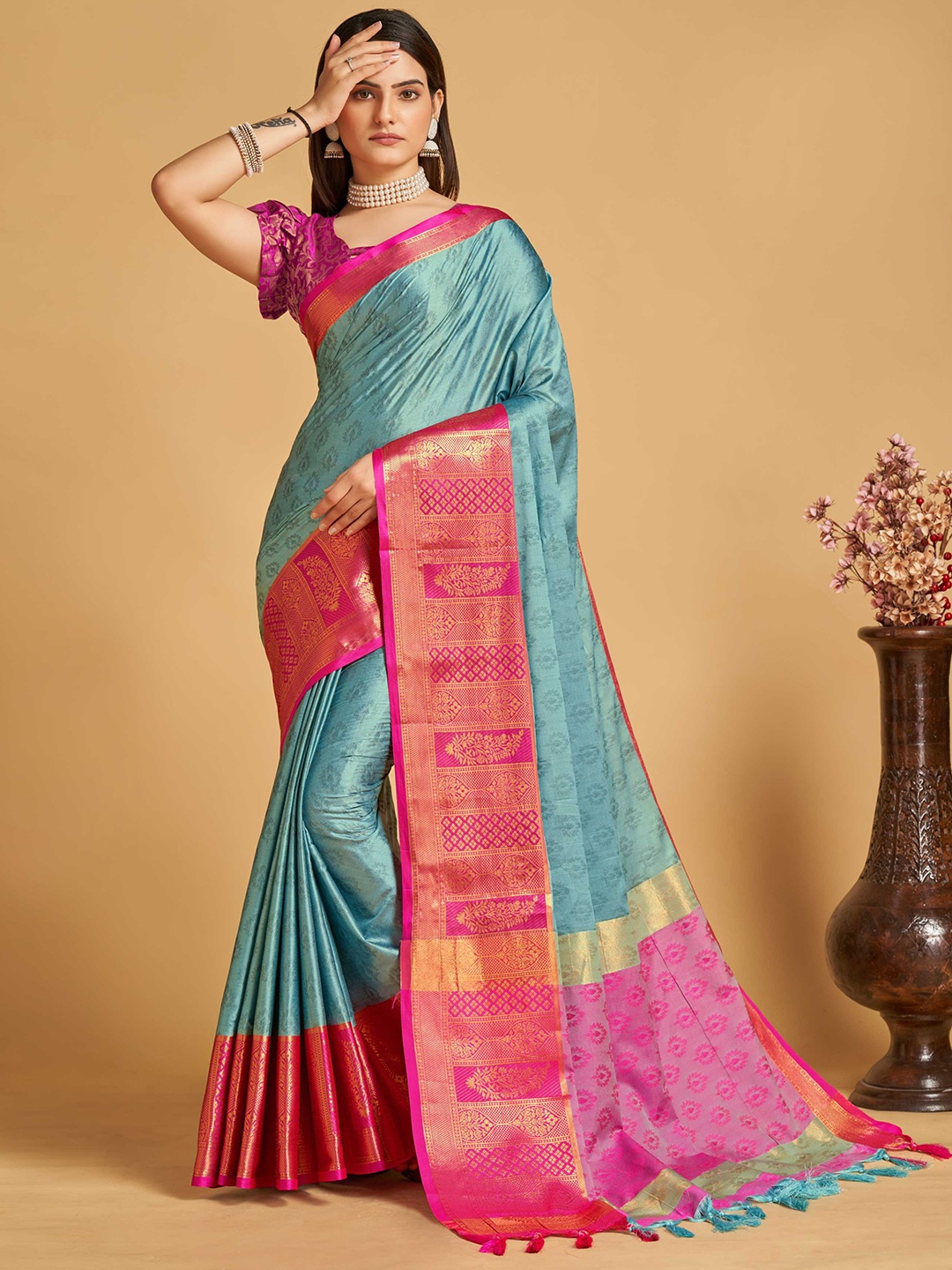 

Mitera Blue & Pink Ethnic Motifs Woven Design Zari Silk Cotton Banarasi Saree