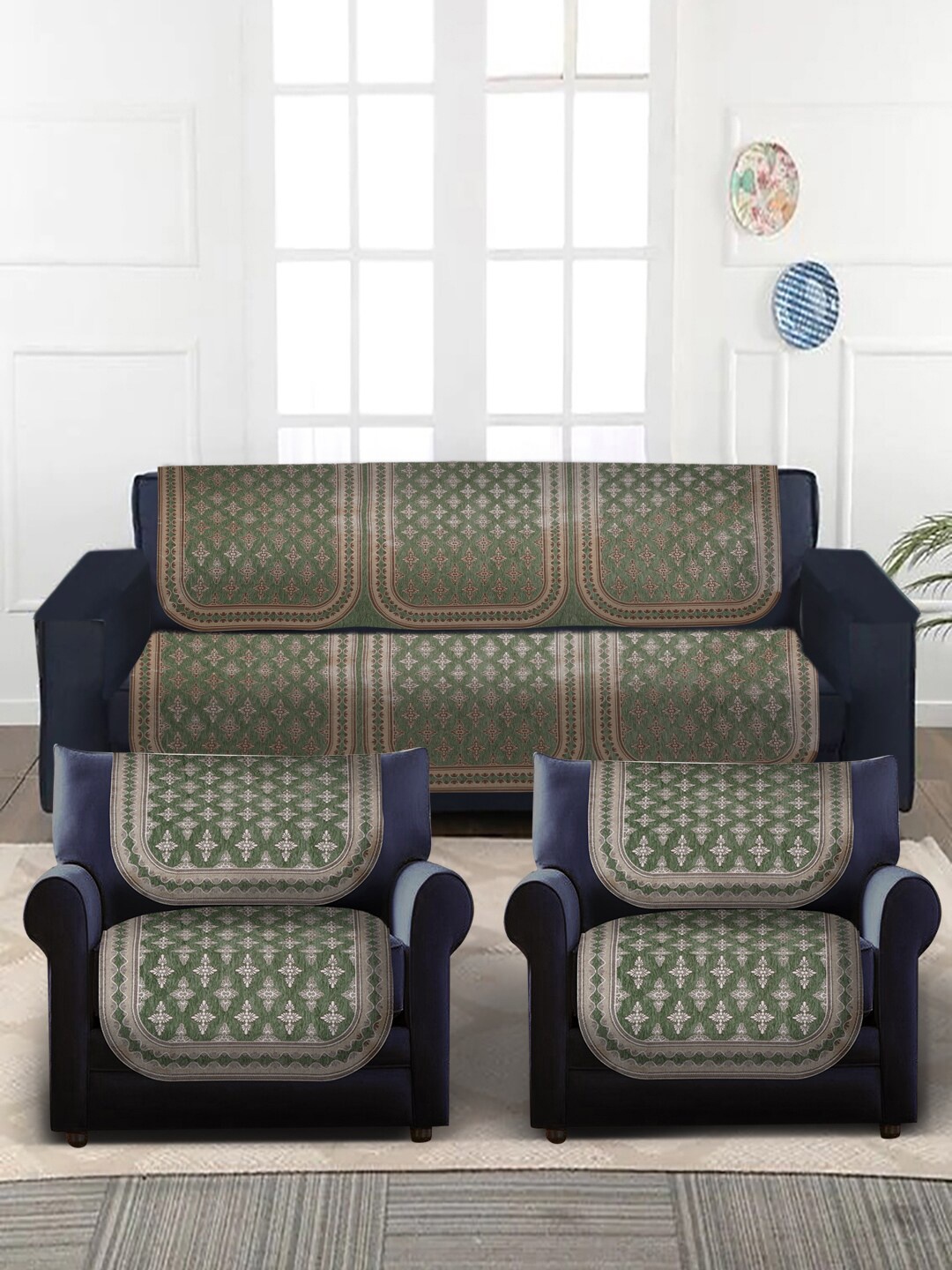 

MULTITEX Green & Gold-Toned Ethnic Motif Design Velvet 5-Seater Sofa Covers