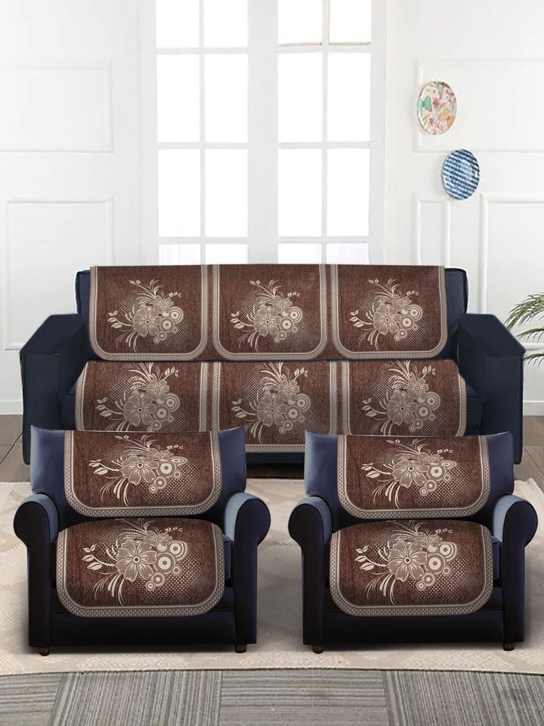 

MULTITEX Brown & Beige Floral Design Velvet 5-Seater Sofa Covers, Rose gold