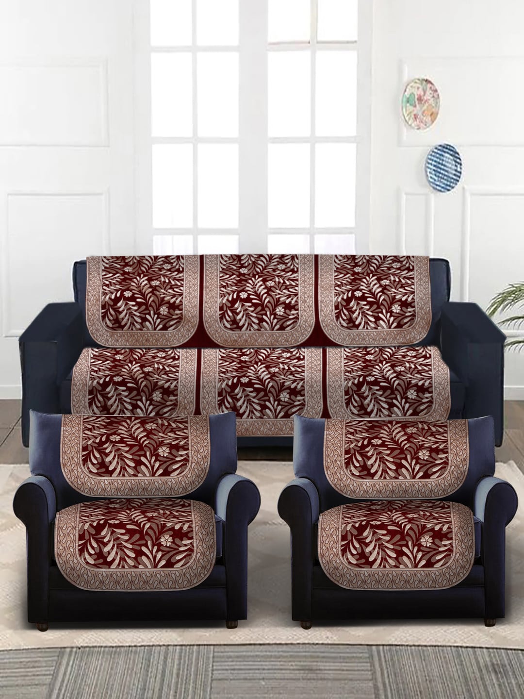 

MULTITEX Maroon & Beige Self Design Velvet 5-Seater Sofa Covers, Red