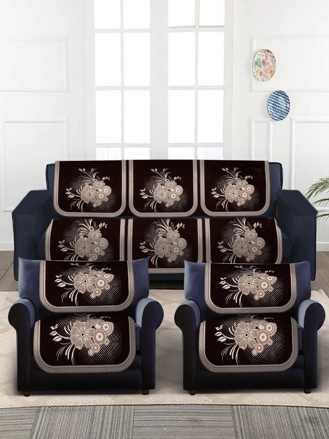 

MULTITEX Brown & Beige Floral Design Velvet 5-Seater Sofa Covers