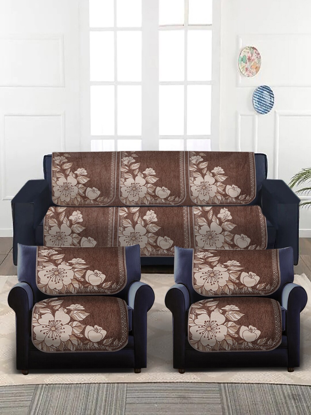 

MULTITEX Tan-Brown & Beige Floral Design Velvet 5-Seater Sofa Covers