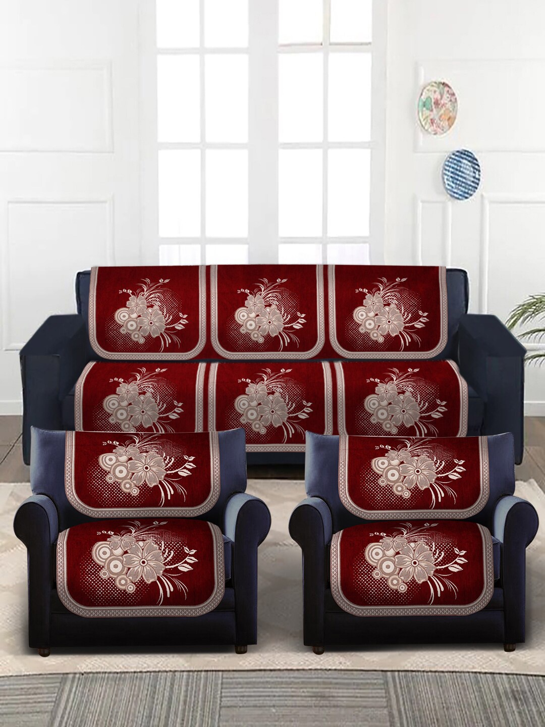 

MULTITEX Champagne-Red & Beige Floral Design Velvet 5-Seater Sofa Covers