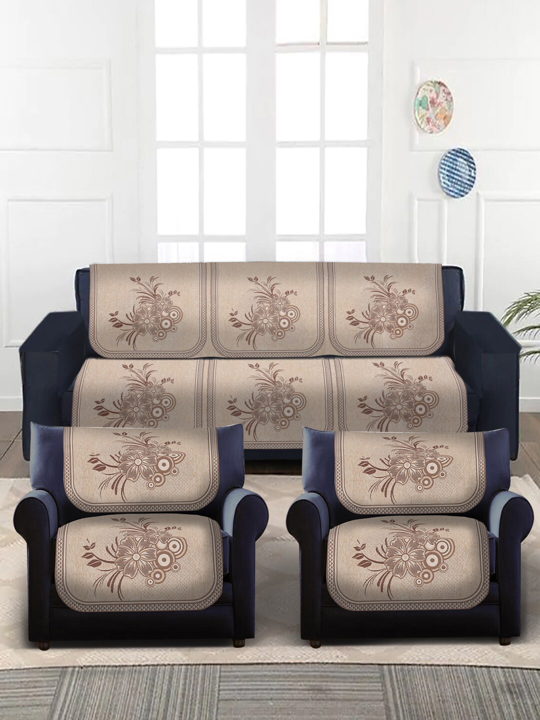 

MULTITEX 10-Pcs Brown & Beige Floral Design Velvet 5-Seater Sofa Covers