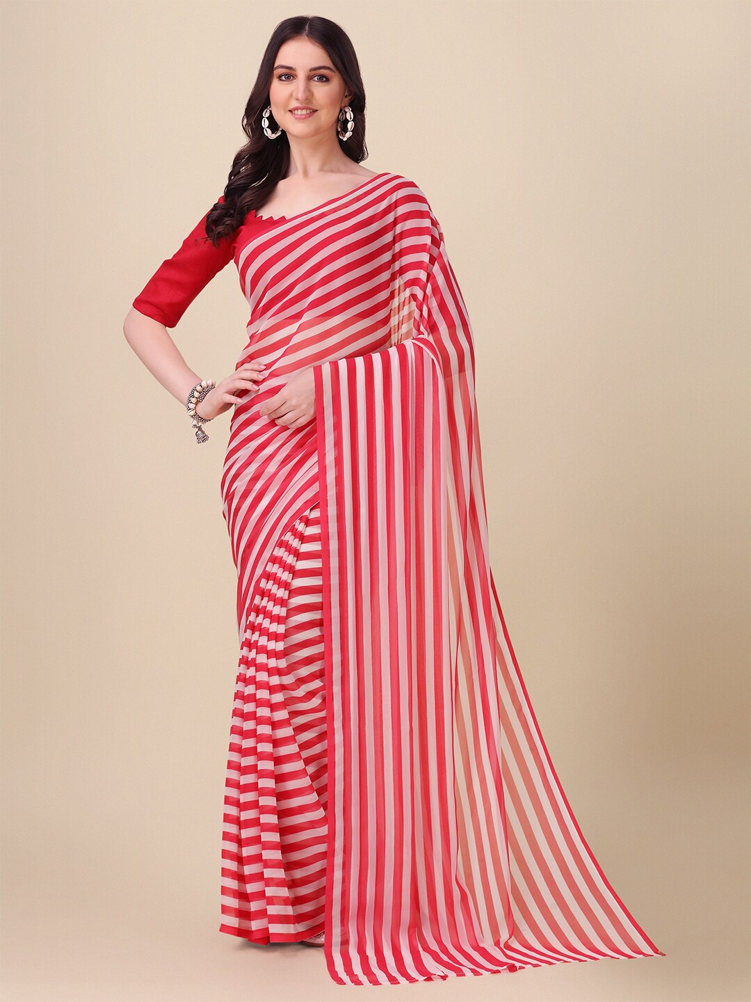 

Fab Dadu Striped Pure Georgette Saree With Blouse Piece, Pink
