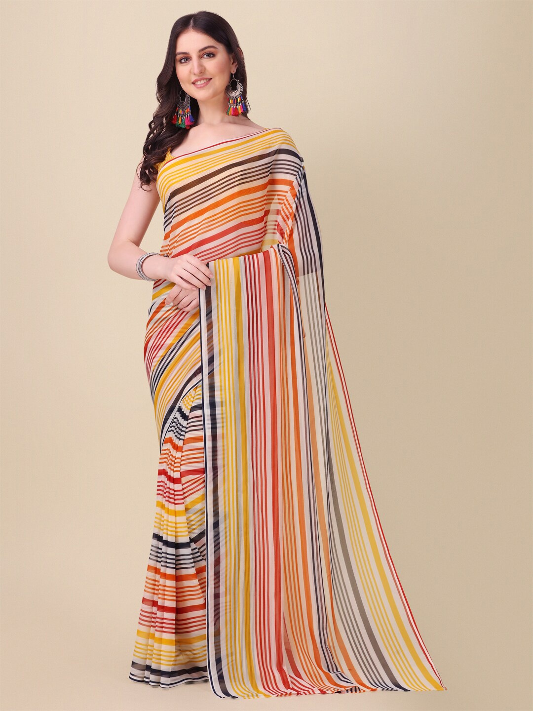 

Fab Dadu Striped Pure Georgette Saree With Blouse Piece, Yellow