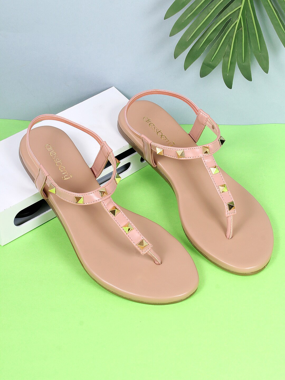 

DressBerry Nude-Coloured And Gold-Toned Studded T-Strap Flats