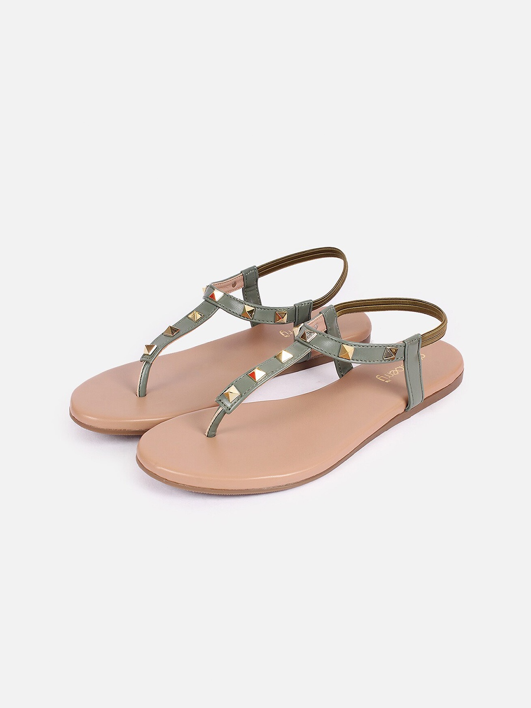

DressBerry Olive Green And Gold-Toned Studded T-Strap Flats