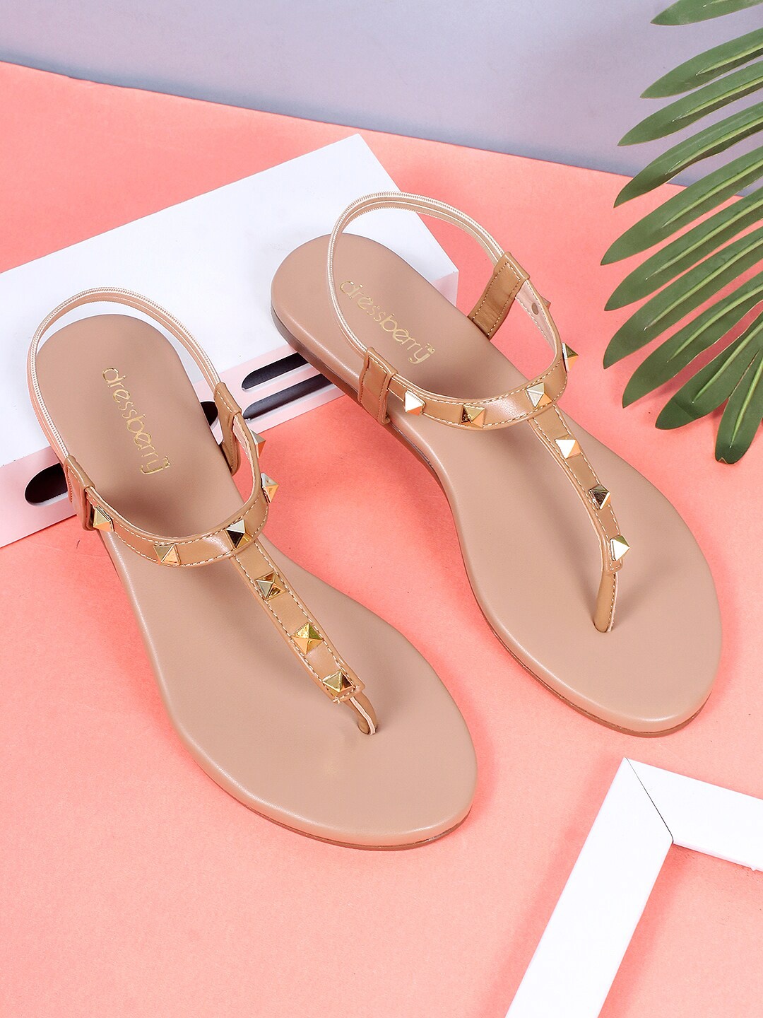 

DressBerry Beige And Gold-Toned Studded T-Strap Flats