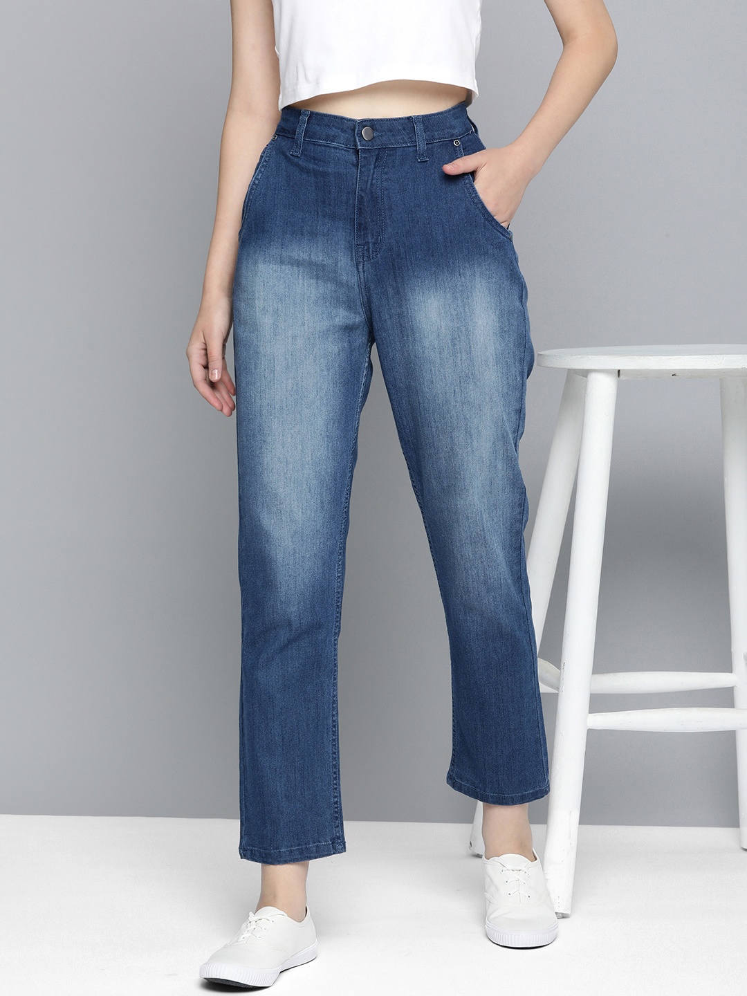 

Mast & Harbour Women Straight Fit High-Rise Light Fade Jeans, Blue