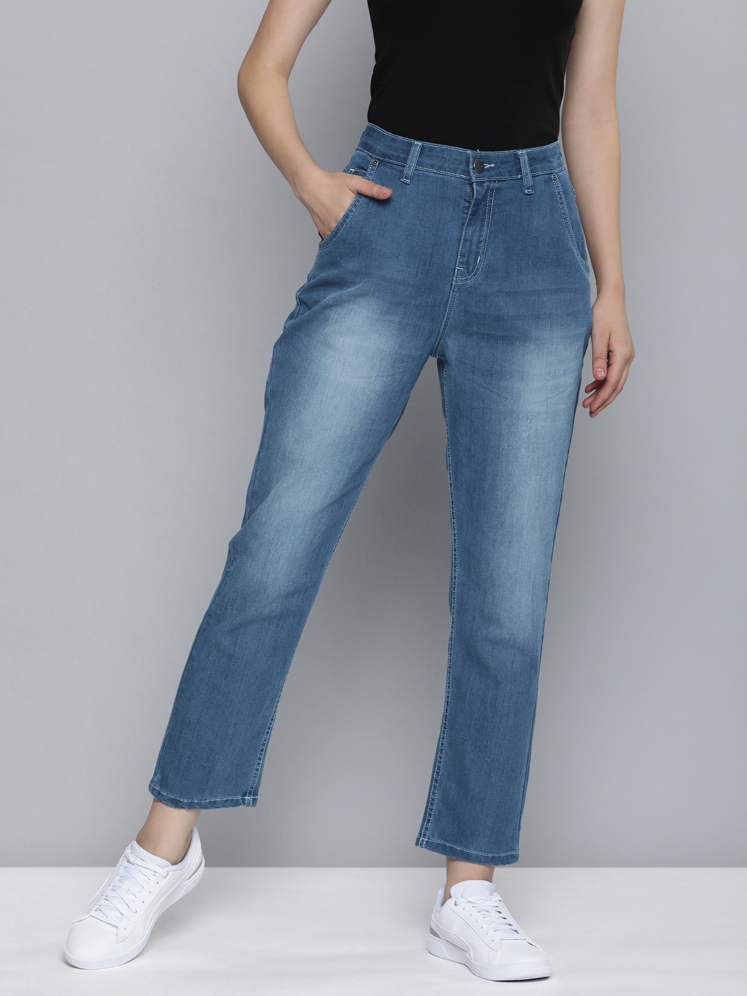

Mast & Harbour Women Straight Fit High-Rise Light Fade Stretchable Jeans, Blue