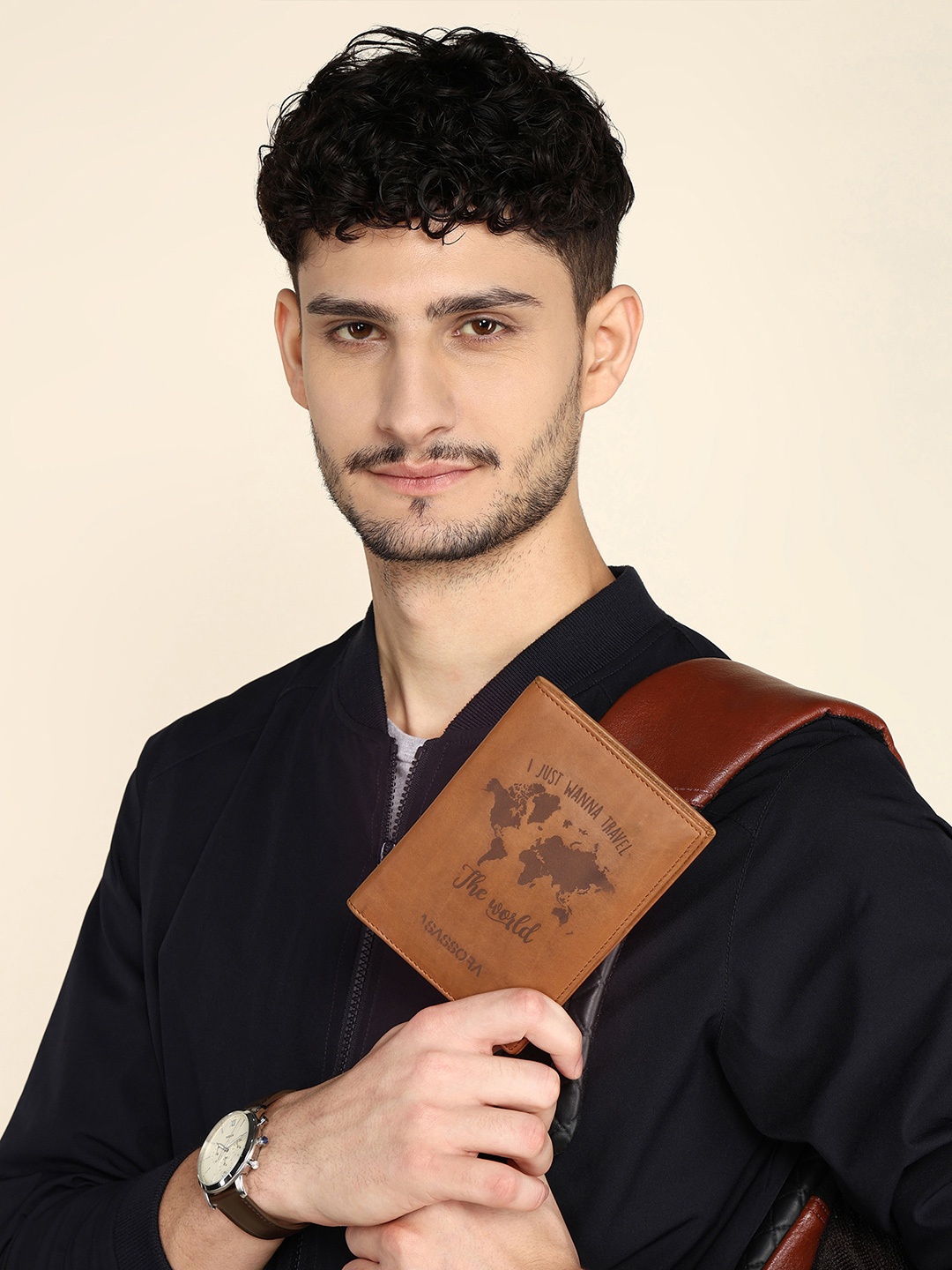 Sassora Printed Leather Passport Cover, Tan