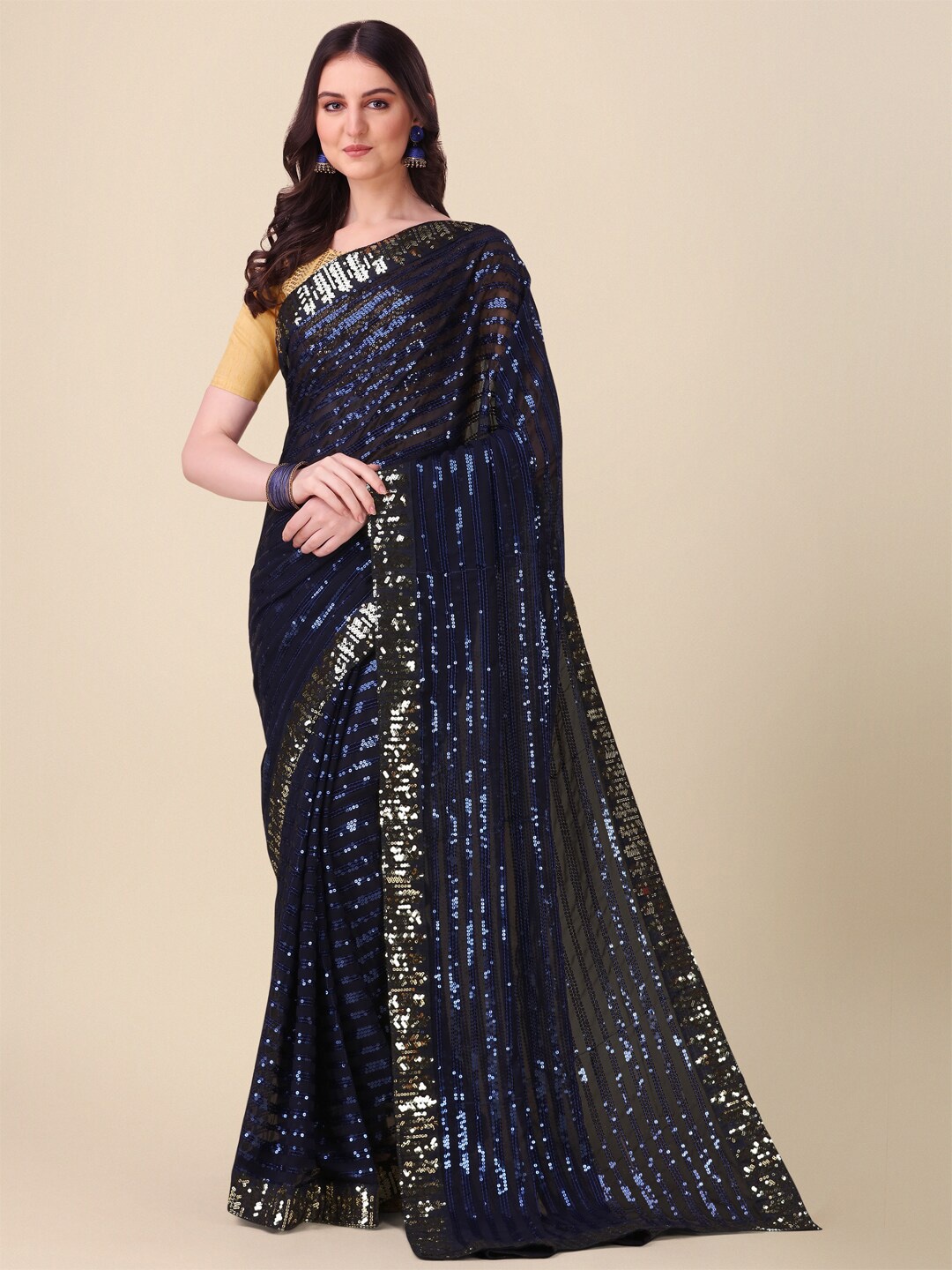 

Fab Viva Embellished Sequinned Pure Georgette Saree With Blouse Piece, Navy blue