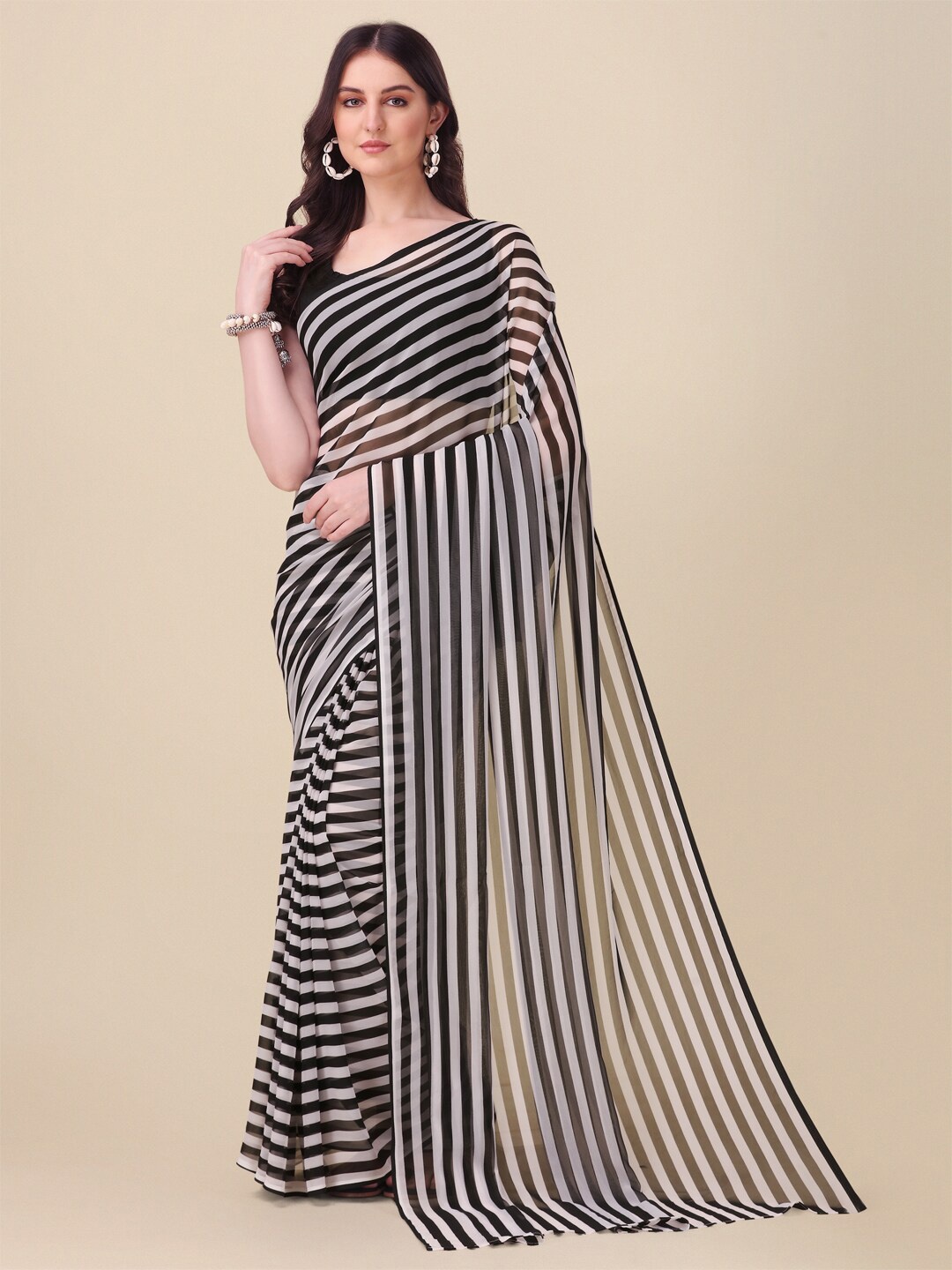 

Fab Viva Striped Pure Georgette Saree With Blouse Piece, Black
