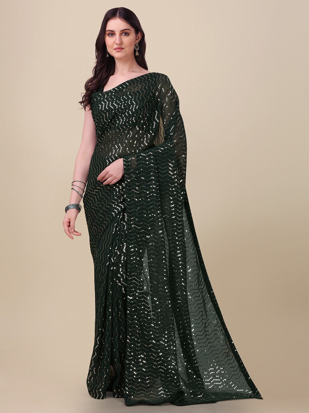 

Fab Viva Embellished Sequinned Pure Georgette Saree With Blouse Piece, Green
