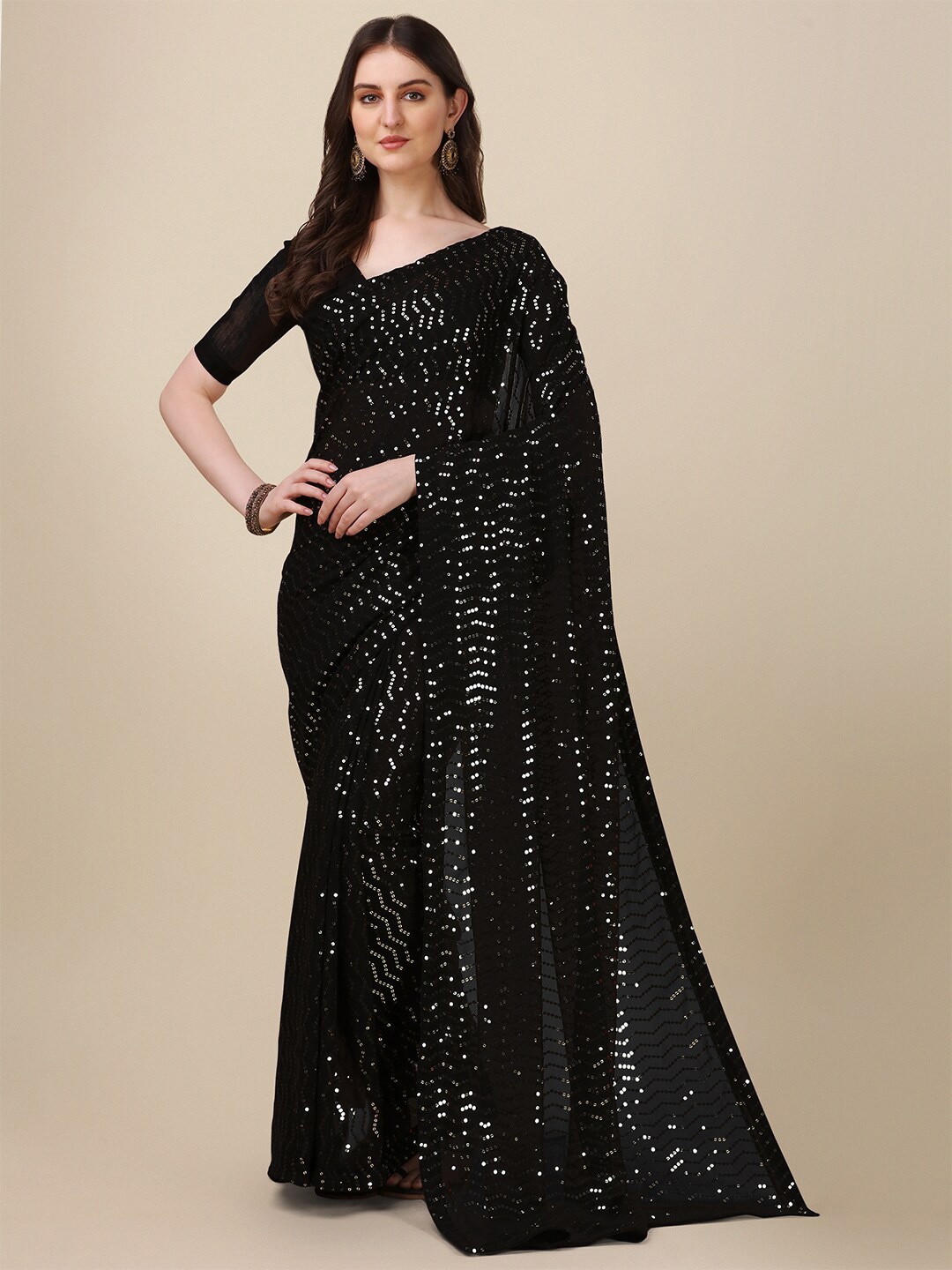 

Fab Viva Embellished Sequinned Pure Georgette Saree With Blouse Piece, Black