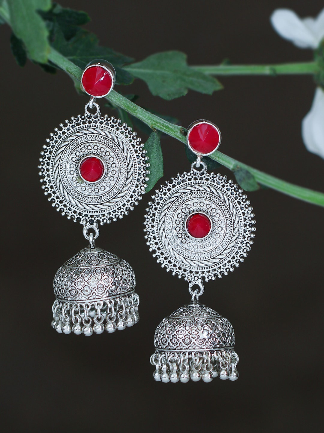 

Sukkhi Silver-Plated Oxidised Dome Shaped Jhumka Earrings