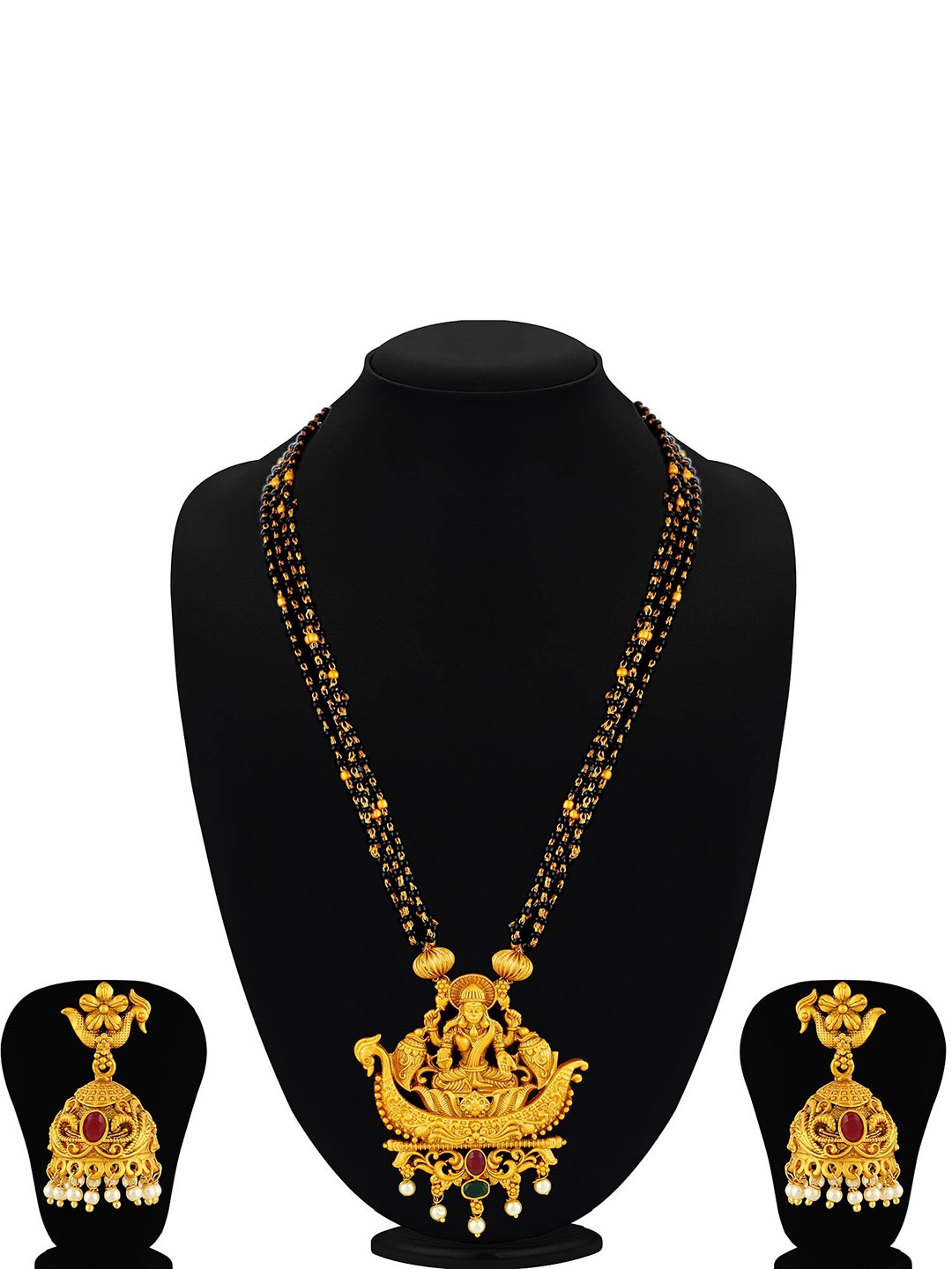 

Sukkhi Gold-Plated Stone-Studded & Beaded Mangalsutra With Earrings
