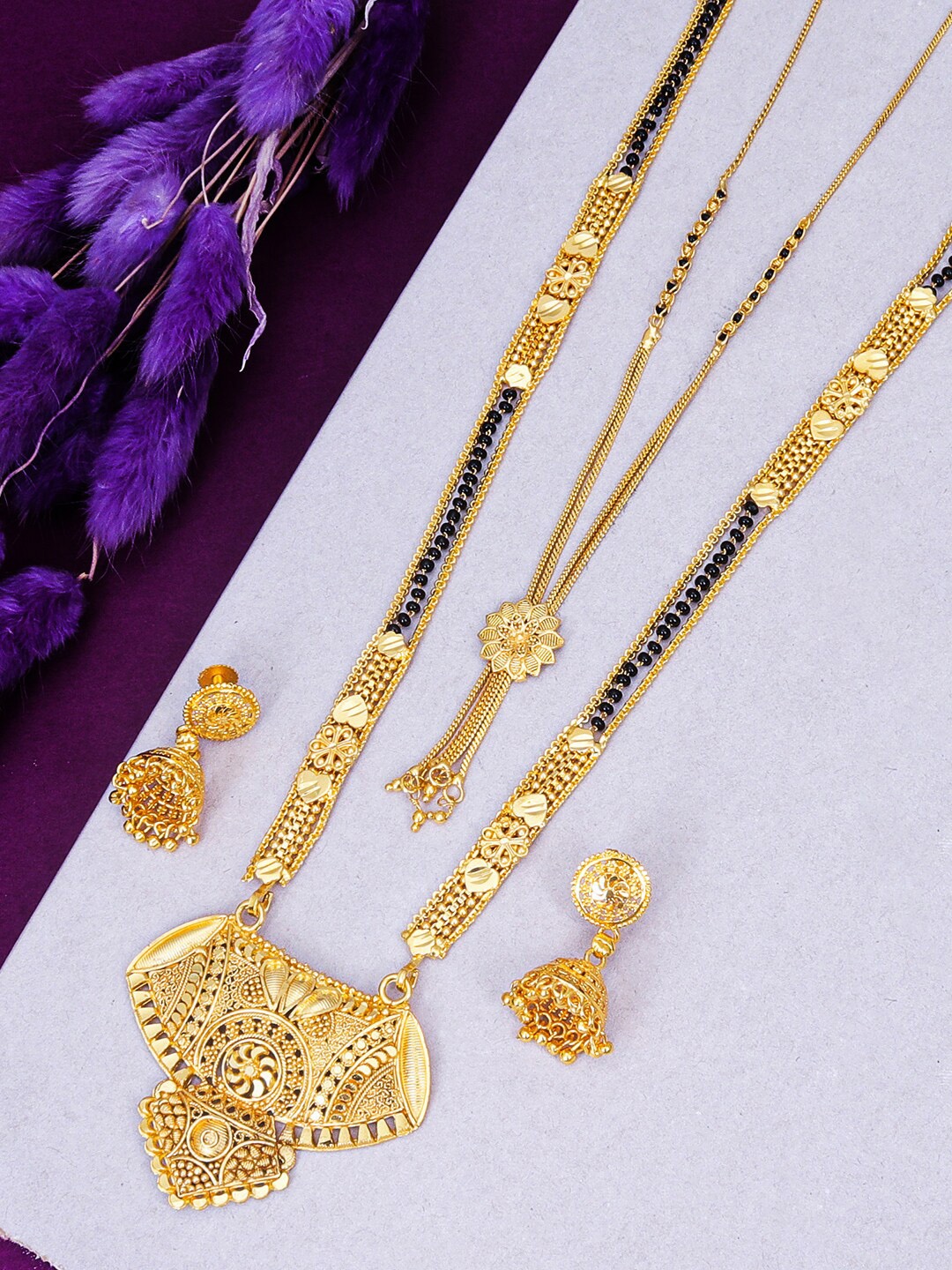 

Sukkhi Set Of 2 Gold-Plated Stone-Studded & Beaded Mangalsutra With Earrings