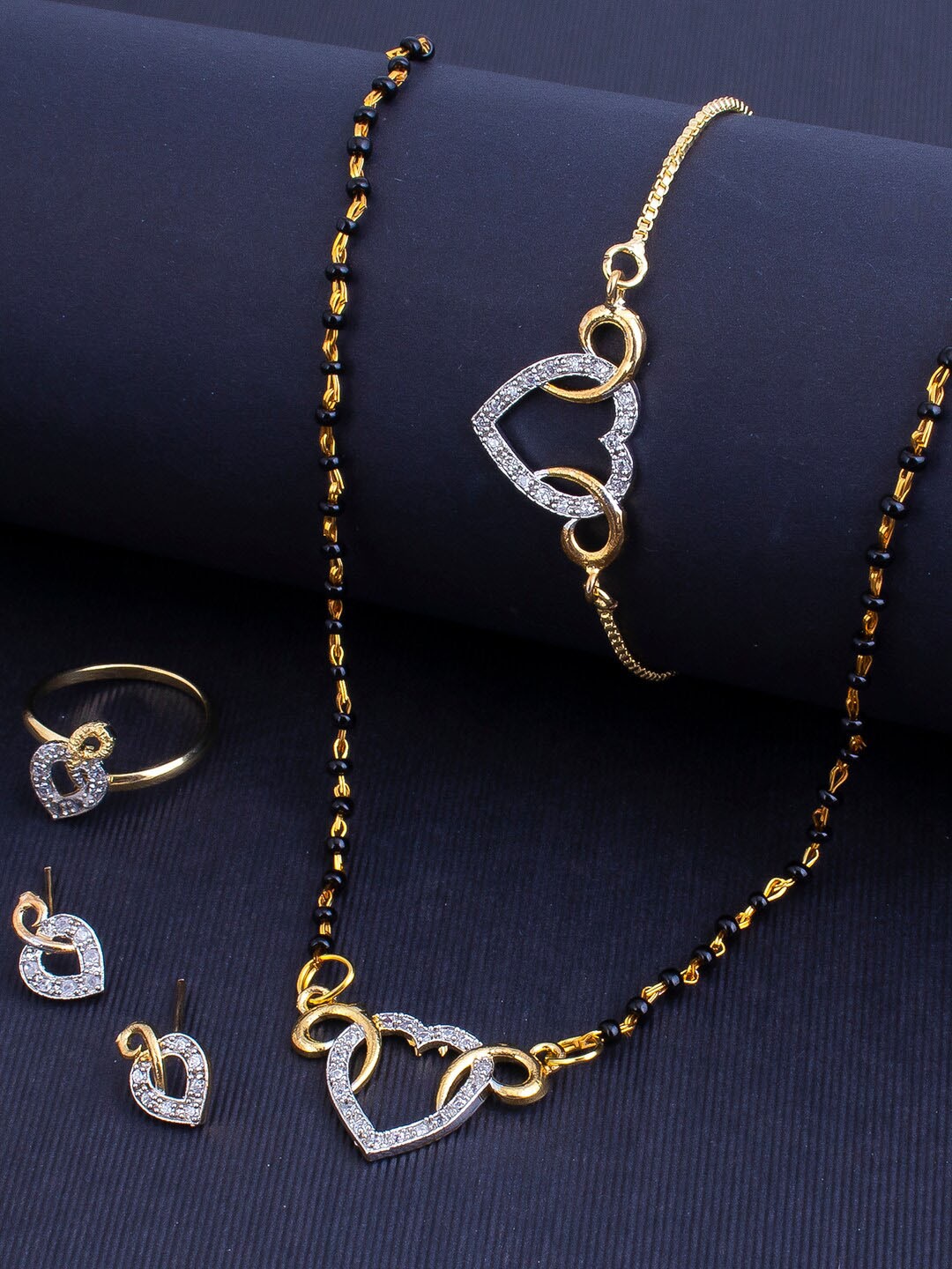 

Sukkhi Gold-Plated Stone-Studded & Black Beaded Mangalsutra With Earrings & Bracelet