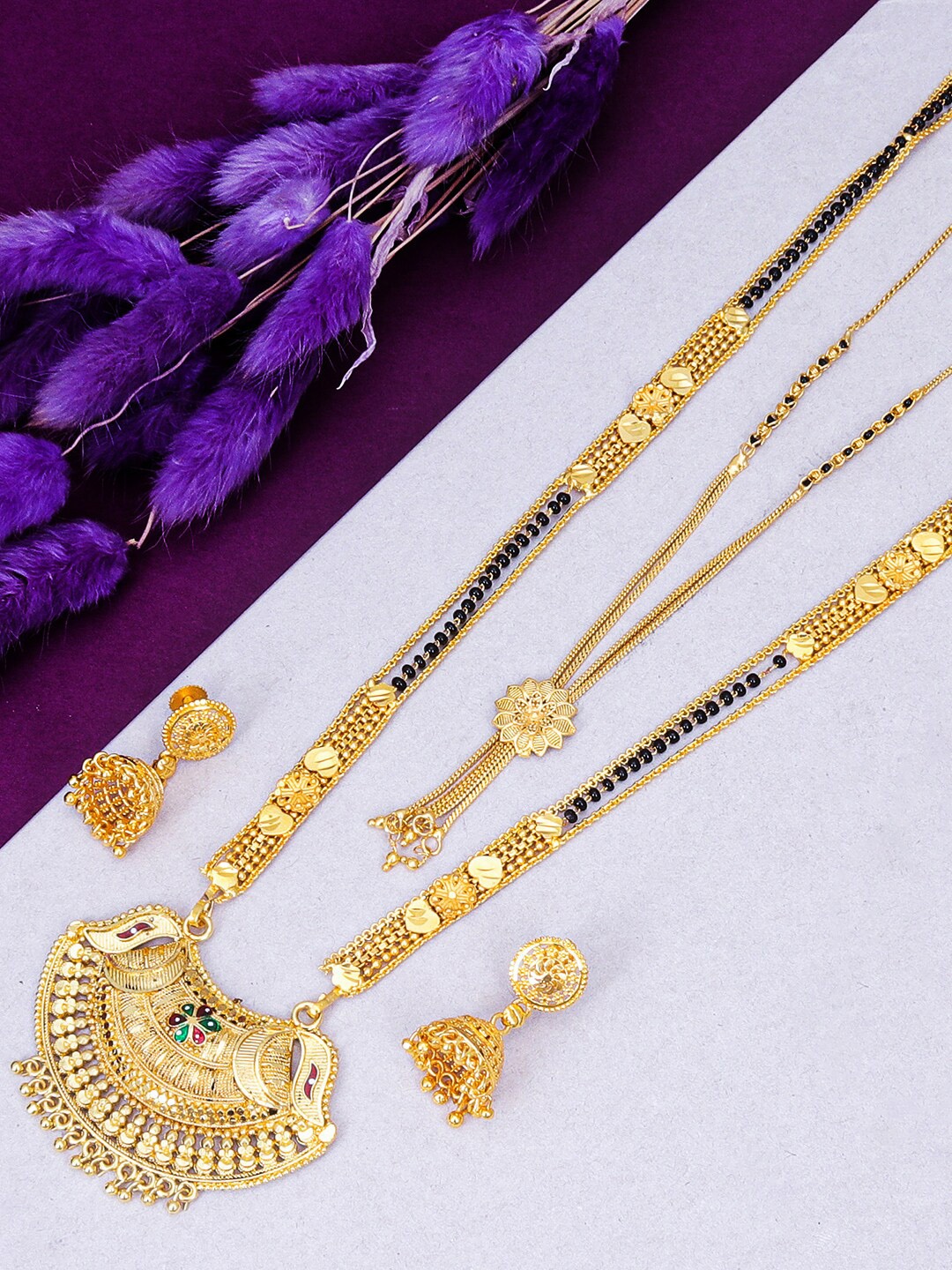 

Sukkhi Set Of 2 Gold-Plated Beaded Mangalsutra With Earrings