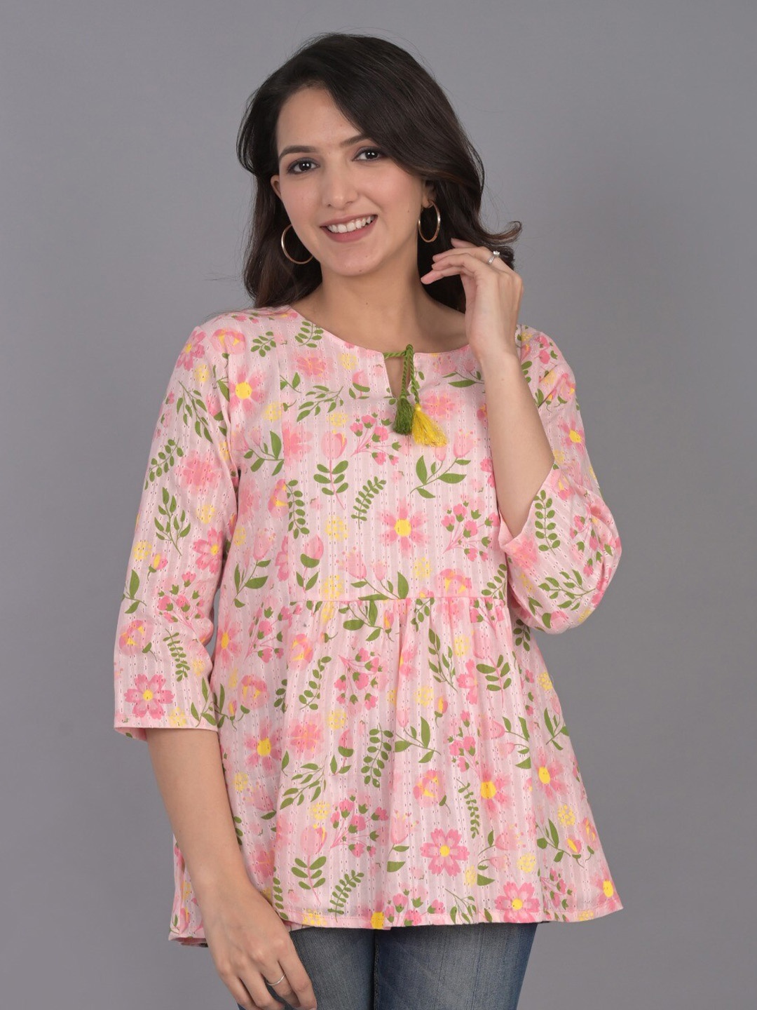 

Do Dhaage Floral Printed A-Line Cotton Top, Pink