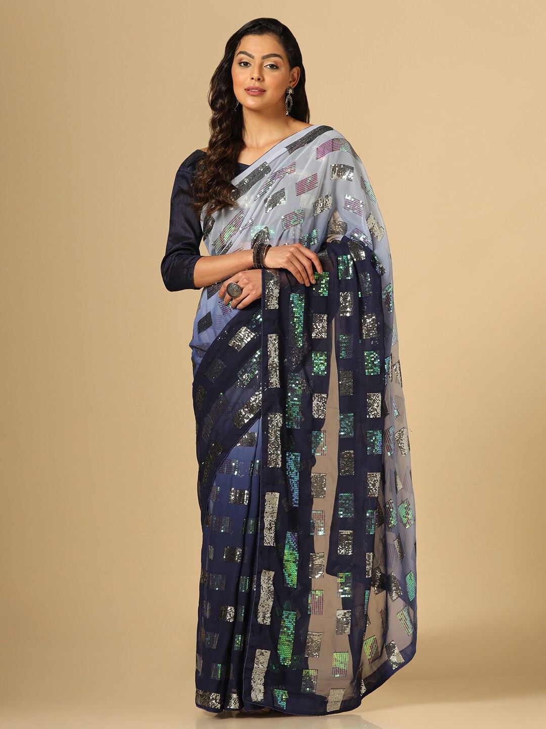 

Mitera Blue & White Embellished Sequinned Poly Georgette Saree
