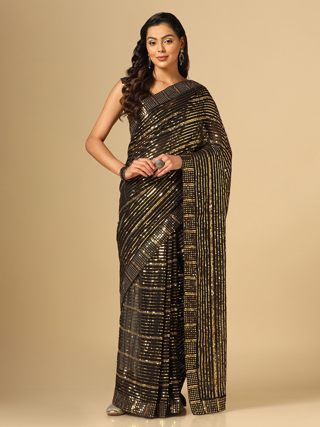 

Mitera Black & Gold-Toned Embellished Sequinned Poly Georgette Saree