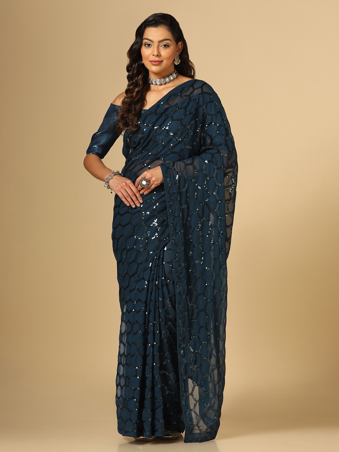 

Mitera Blue Embellished Sequinned Saree