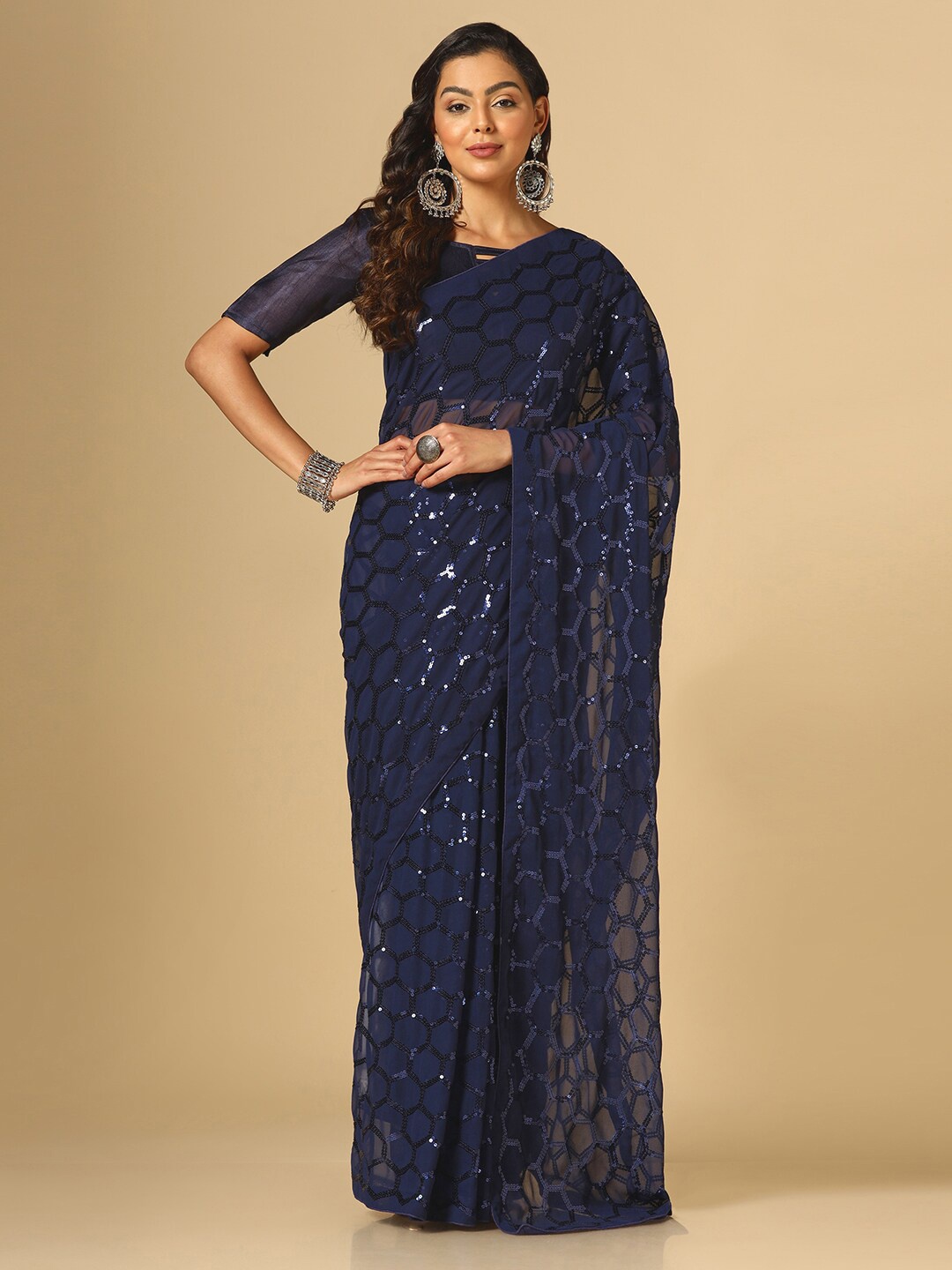 

Mitera Blue Embellished Sequinned Poly Georgette Saree