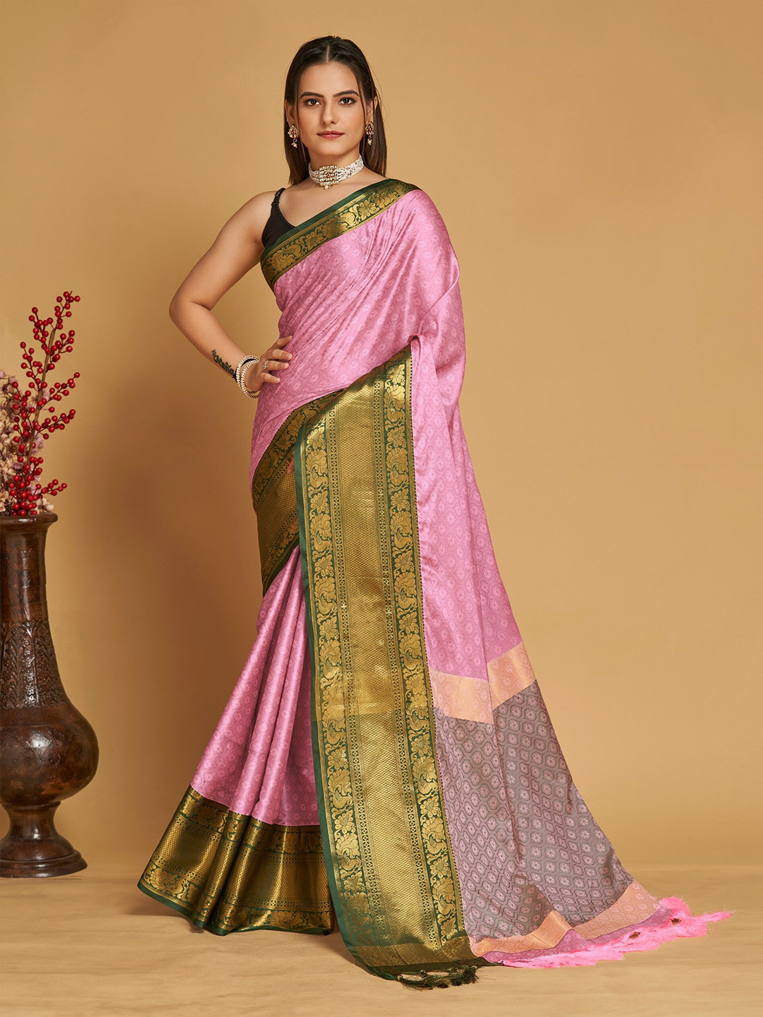 

Mitera Pink & Green Ethnic Motifs Woven Design Zari Silk Cotton Banarasi Saree