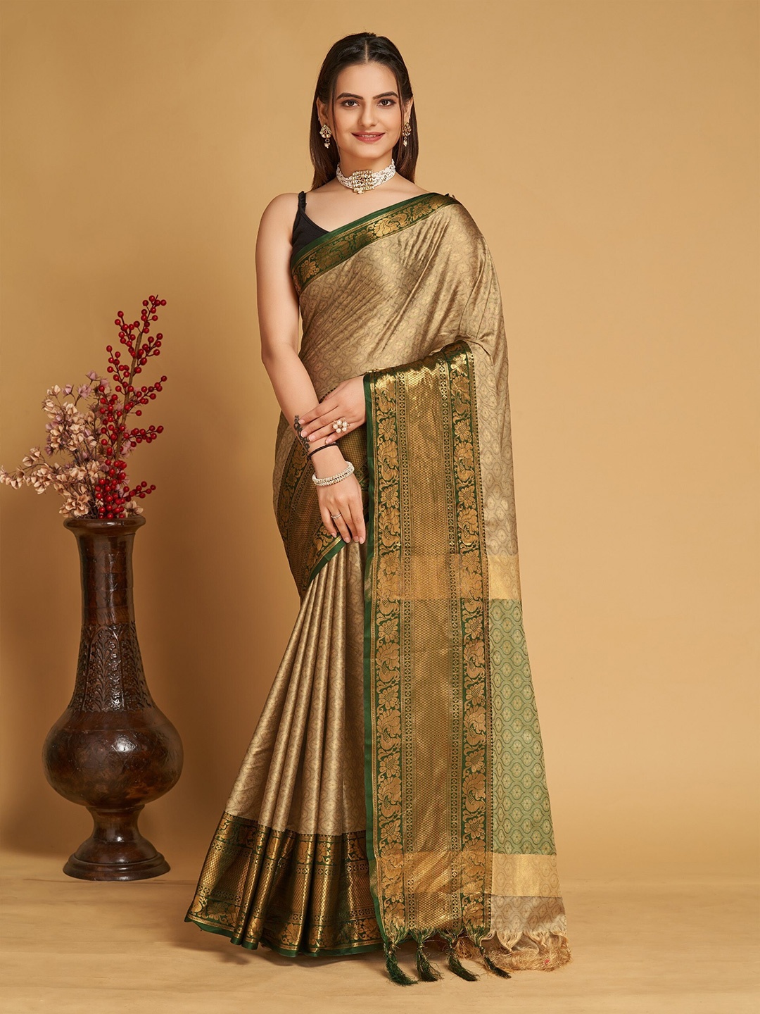 

Mitera Beige & Green Ethnic Motifs Woven Design Zari Silk Cotton Banarasi Saree