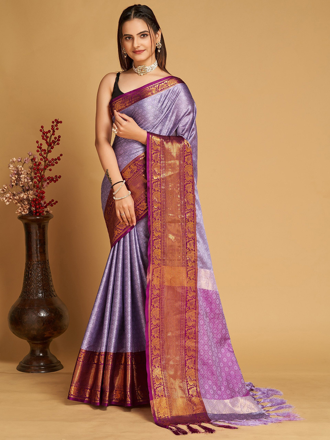 

Mitera Purple & Pink Ethnic Motifs Woven Design Zari Silk Cotton Banarasi Saree