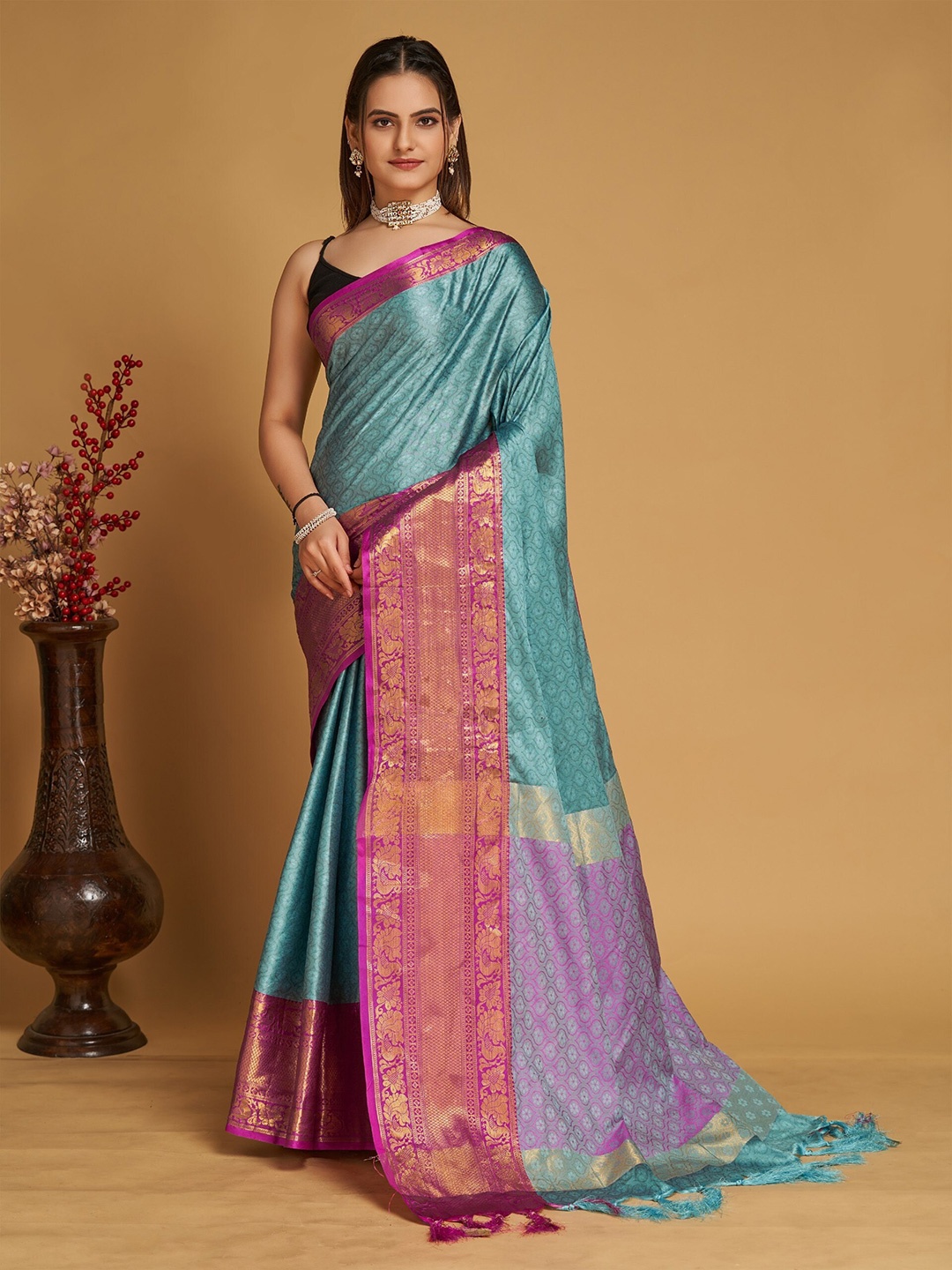 

Mitera Blue & Pink Ethnic Motifs Woven Design Zari Silk Cotton Banarasi Saree