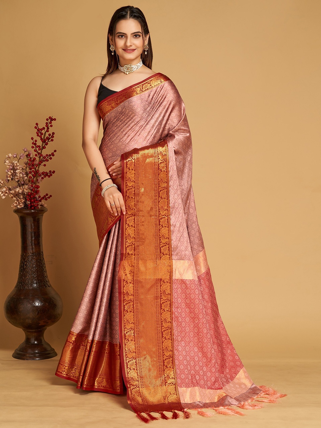 

Mitera Peach-Coloured & Maroon Ethnic Woven Design Zari Silk Cotton Banarasi Saree