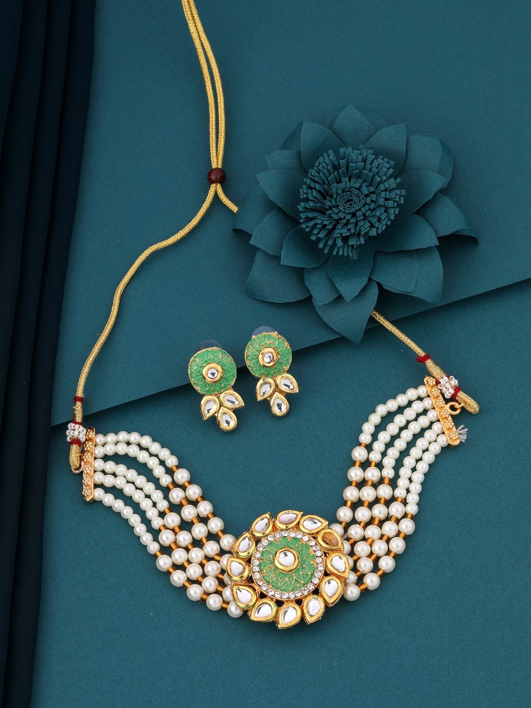 

Vita Bella Gold-Plated Stone-Studded & Beaded Necklace and Earrings Jewellery Set