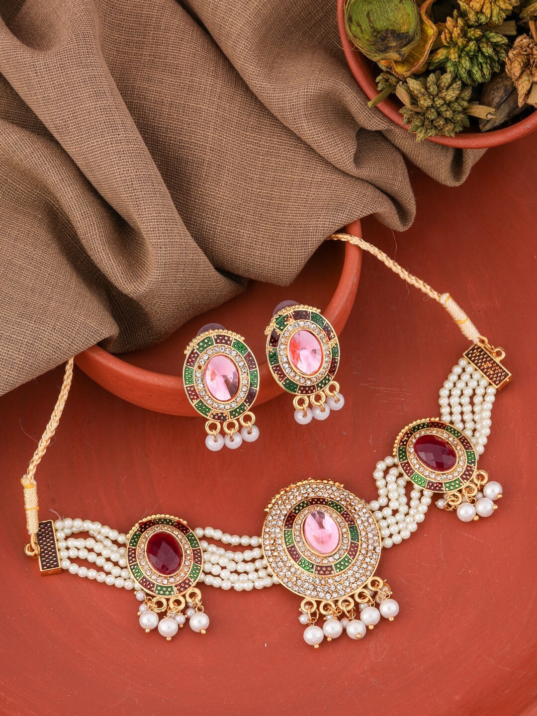 

Vita Bella Gold-Plated Stone-Studded & Beaded Necklace and Earrings Jewellery Set