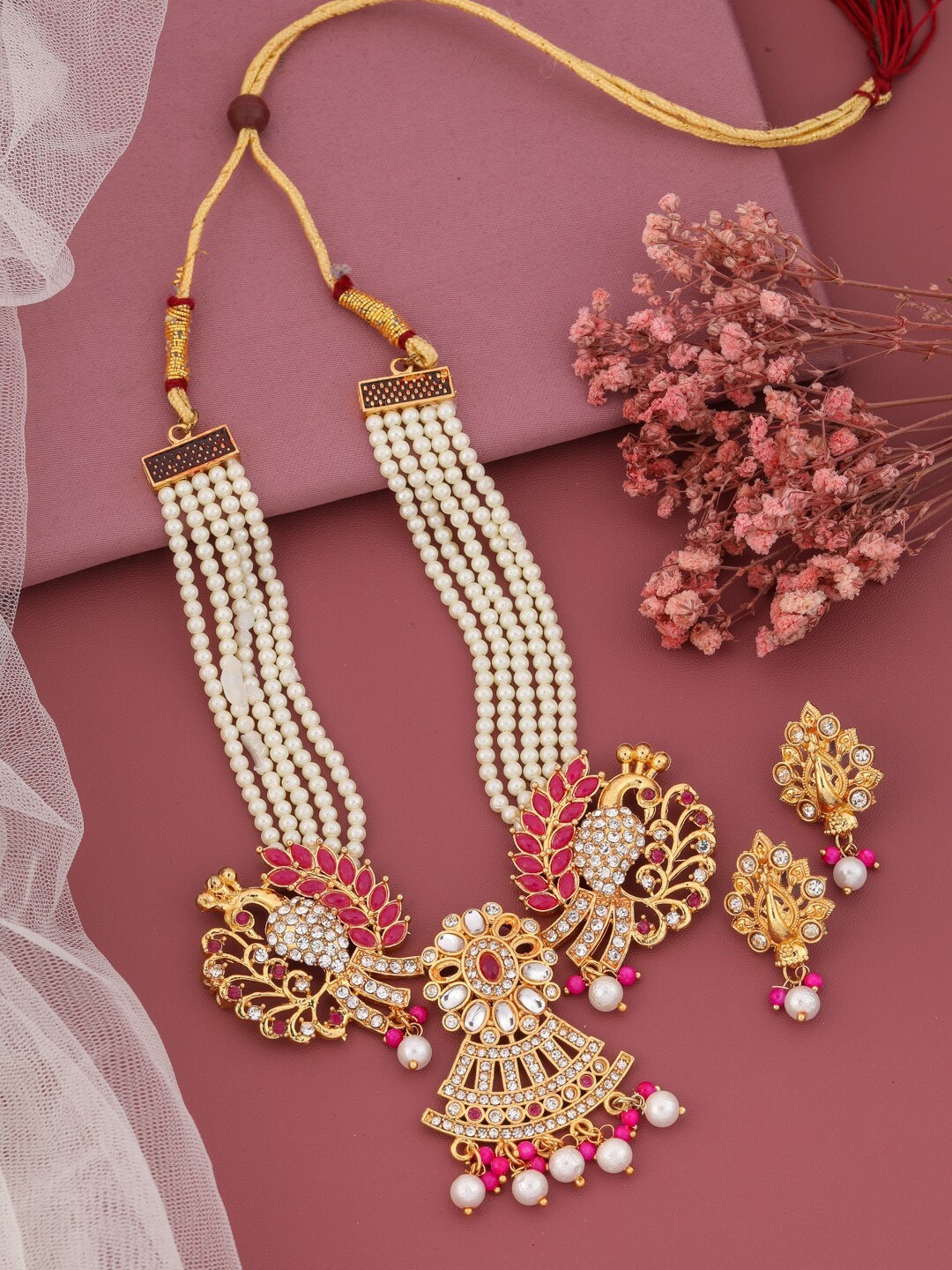 

Vita Bella Gold-Plated Kundan-Studded & Beaded Necklace and Earrings Jewellery Set