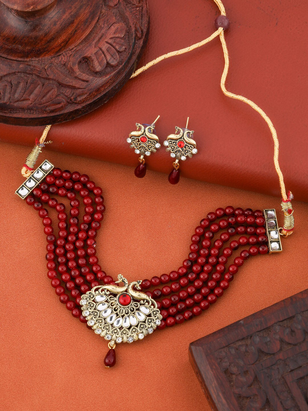 

Vita Bella Gold-Plated Stone-Studded and Beaded Necklace and Earrings Jewellery Set