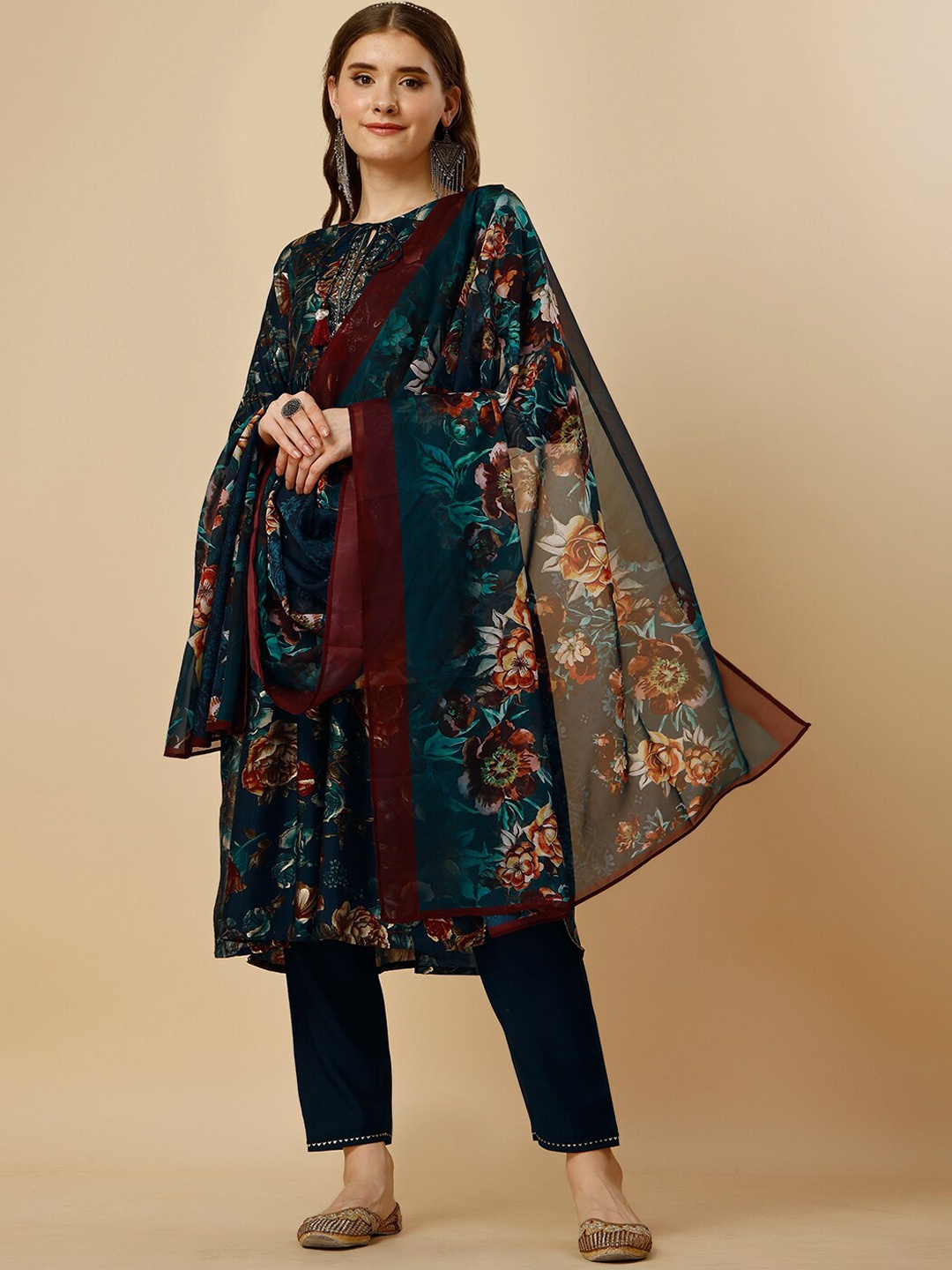 

Berrylicious Floral Printed Pleated Chanderi Cotton Kurta With Trousers & Dupatta, Teal