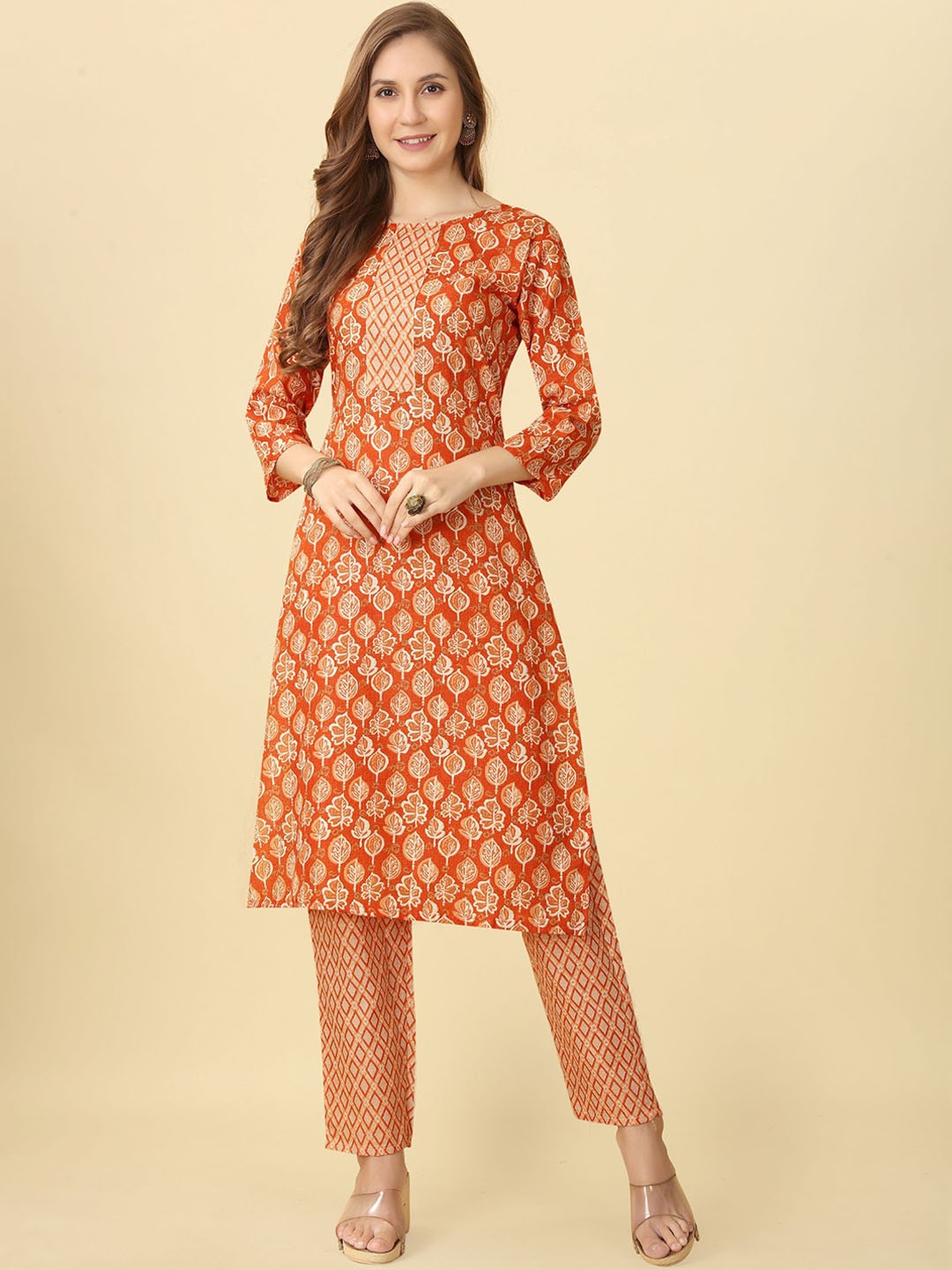 

KALINI Ethnic Motifs Printed Regular Kurta with Trousers, Orange